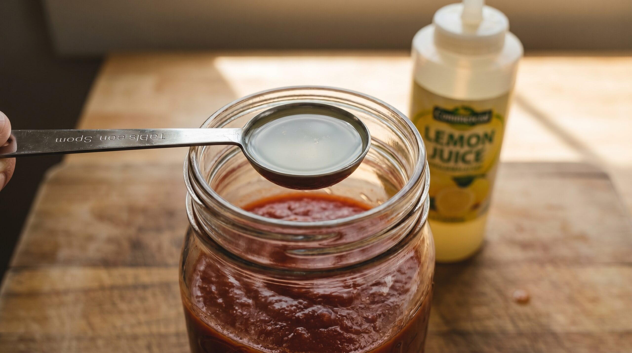 A measuring spoon filled with bottled lemon juice poised over an open Mason jar of tomato sauce