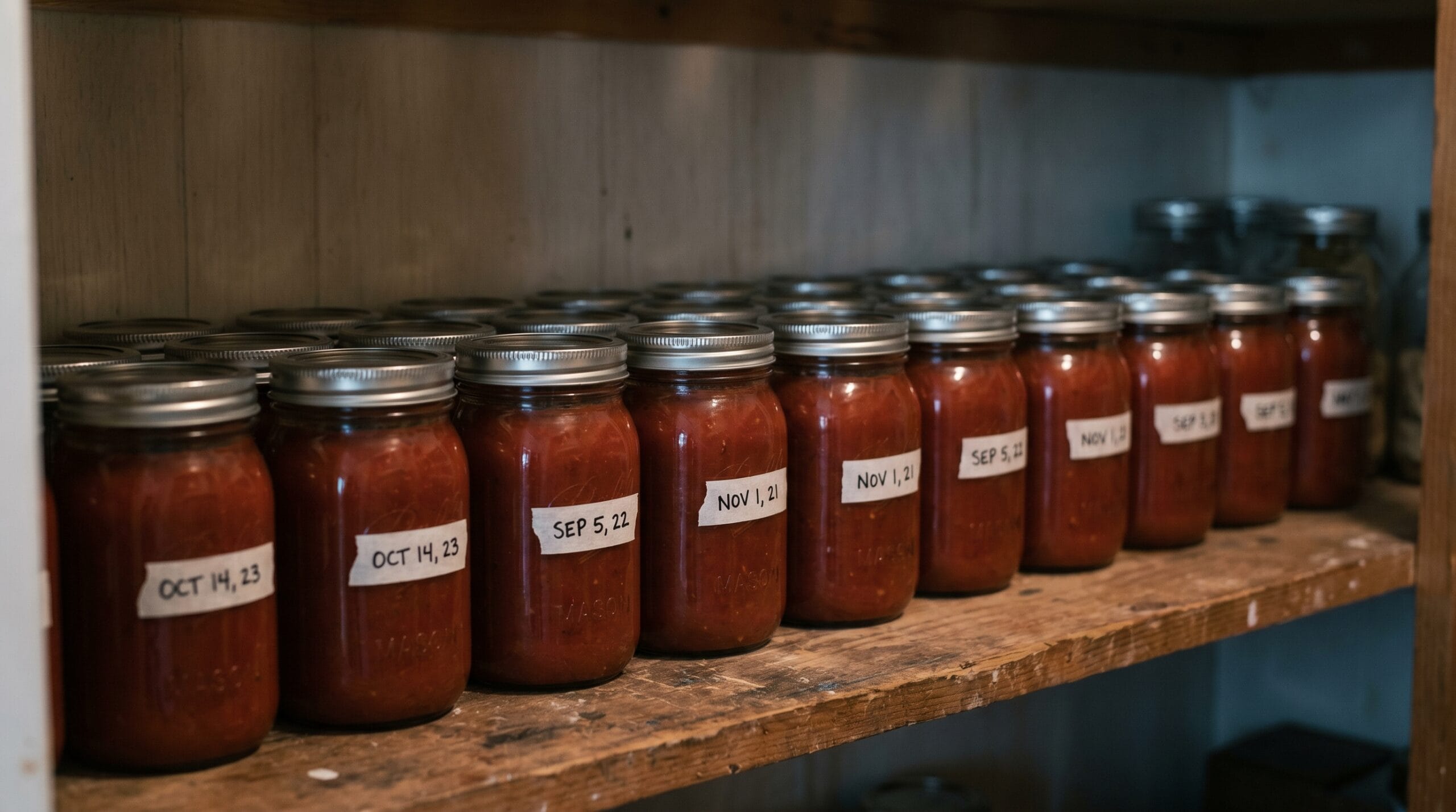 Rows of sealed quart jars of tomato sauce with handwritten date labels stored on a cool pantry shelf