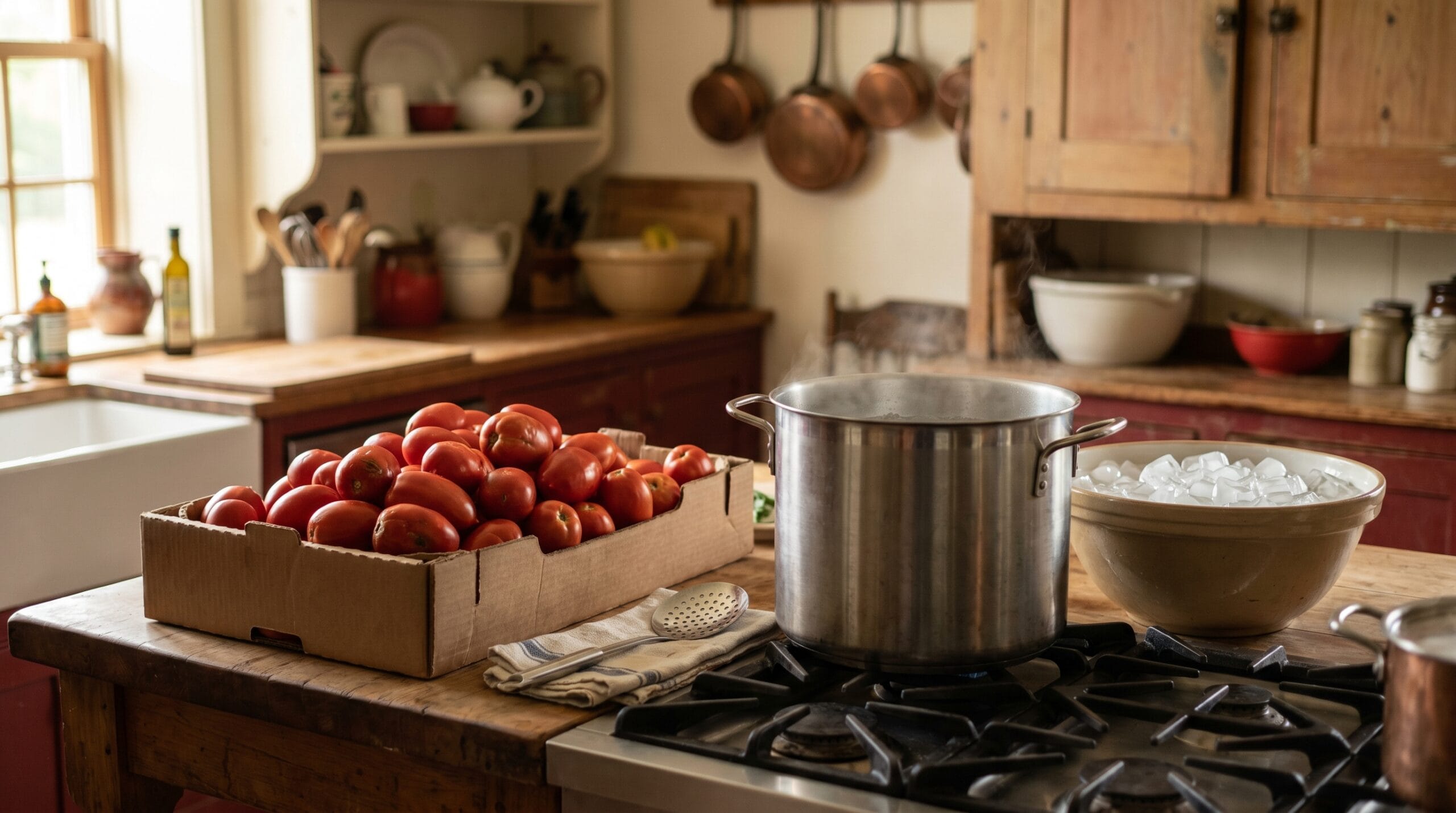 A flat of ripe Roma tomatoes on a wooden surface next to a stockpot of boiling water and an ice water bowl