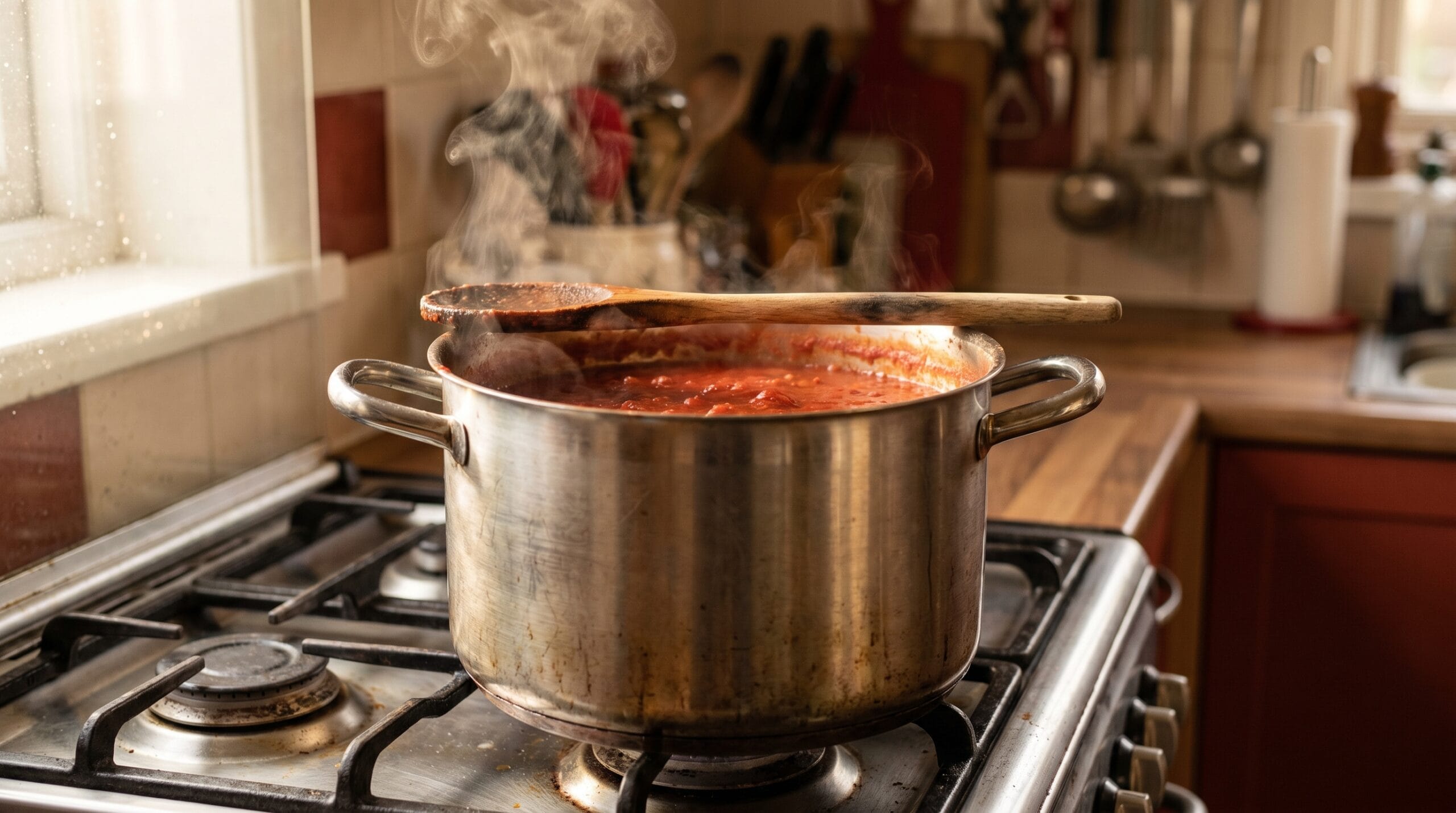 A large stainless pot of thick tomato sauce simmering on a stovetop with a wooden spoon resting on the rim