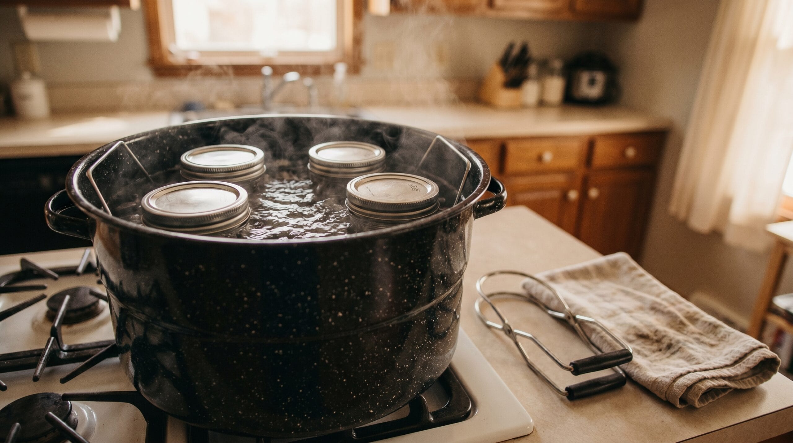 A water bath canner on a stovetop with Mason jars visible through vigorously boiling water and steam rising