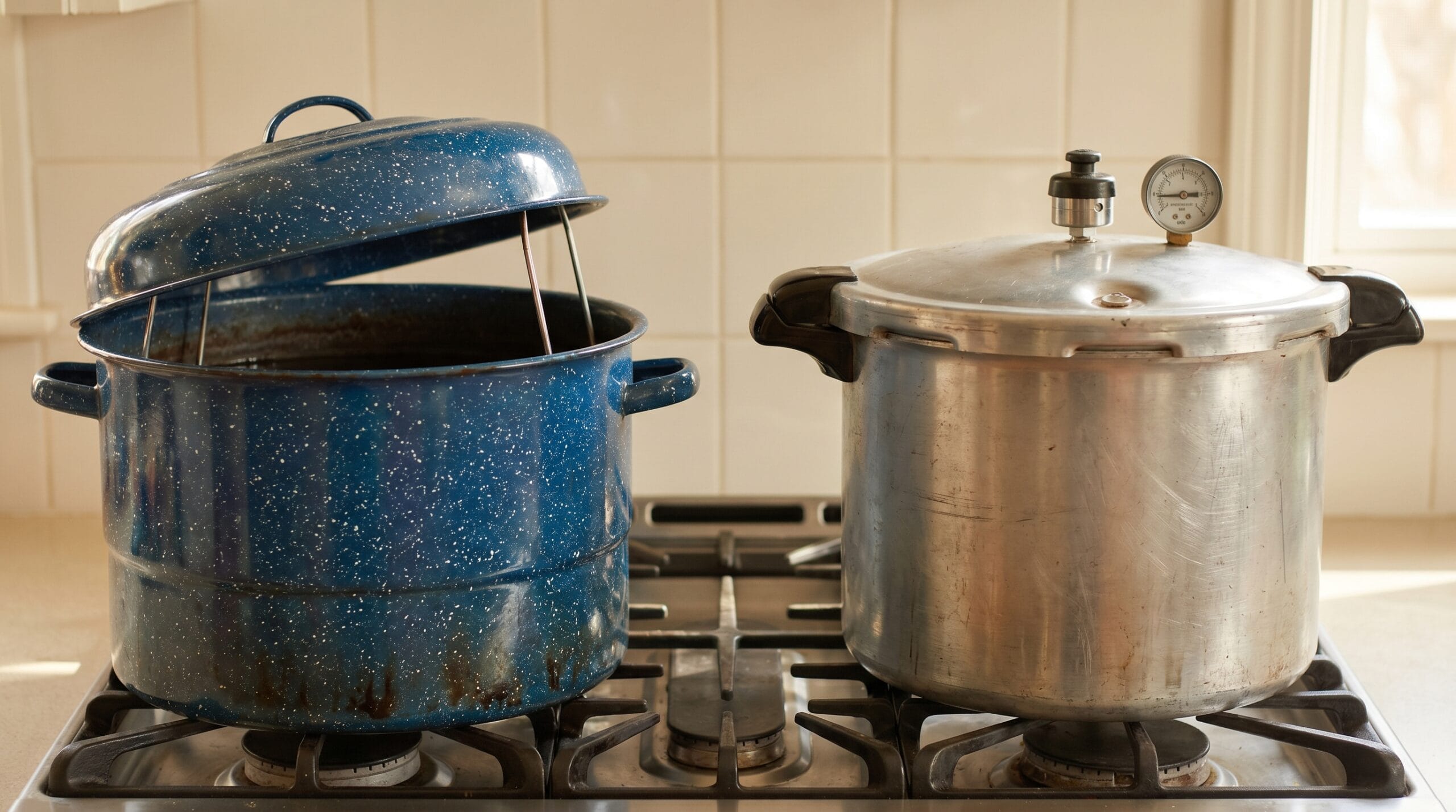 A water bath canner with jar rack and a weighted-gauge pressure canner sitting side by side on a home stovetop