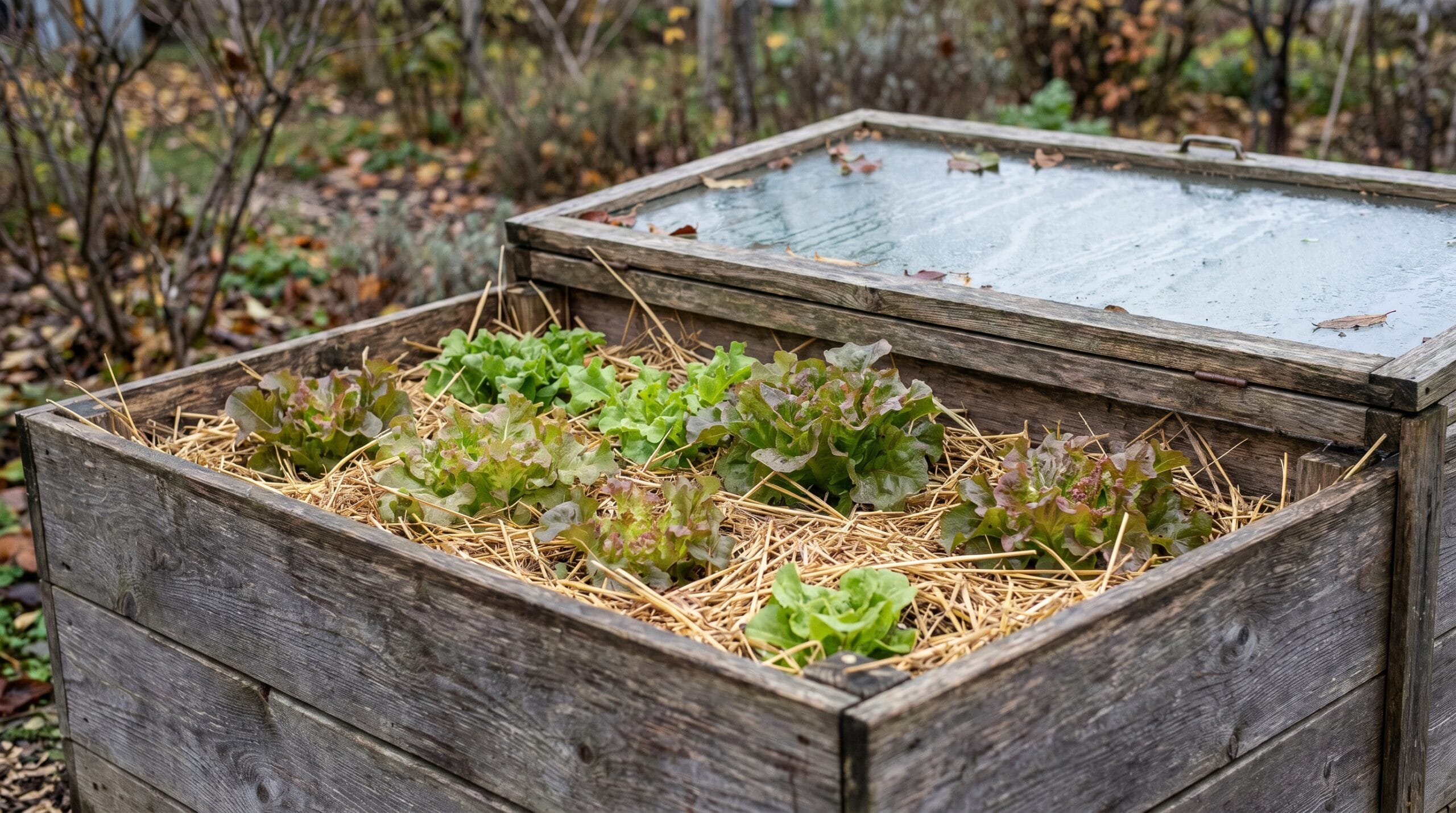Raised garden bed with leaf lettuce mulched in straw and a cold frame leaned against it in a fall garden setting