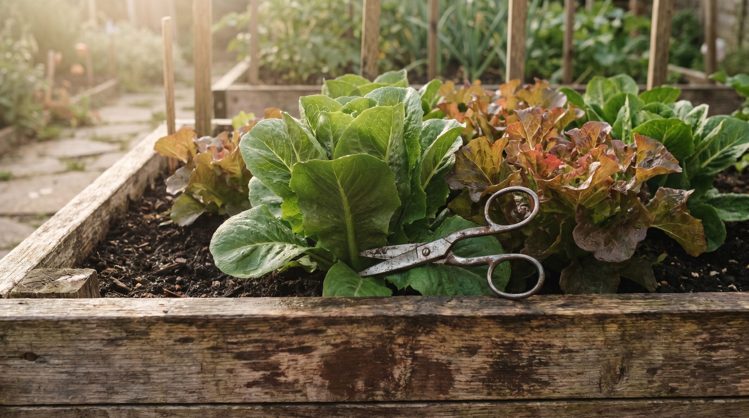 Garden scissors cutting outer leaf lettuce leaves at soil level in a raised bed on a sunny morning