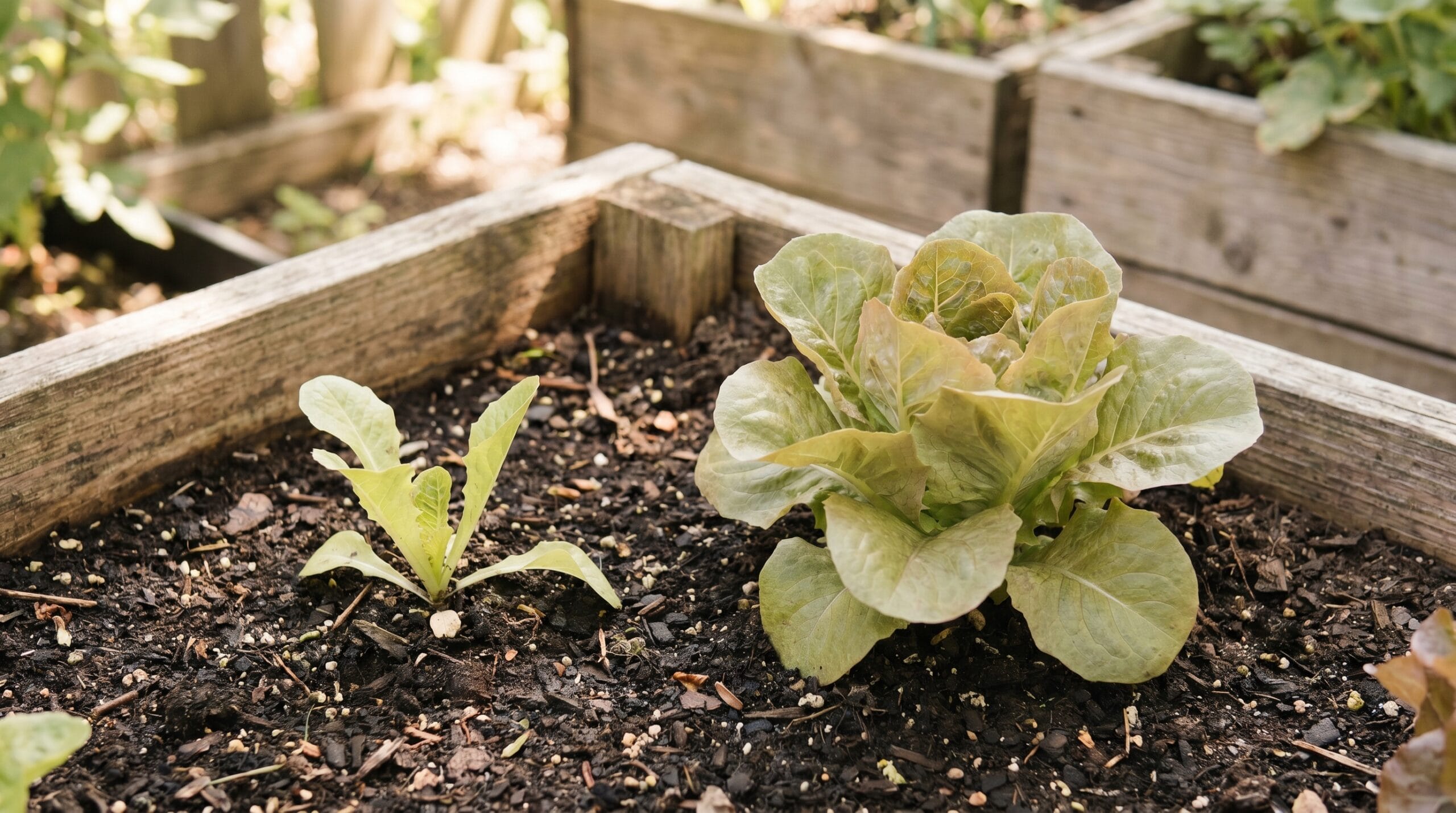 Young lettuce seedlings next to mature outer leaves at four to five inches tall in a garden bed