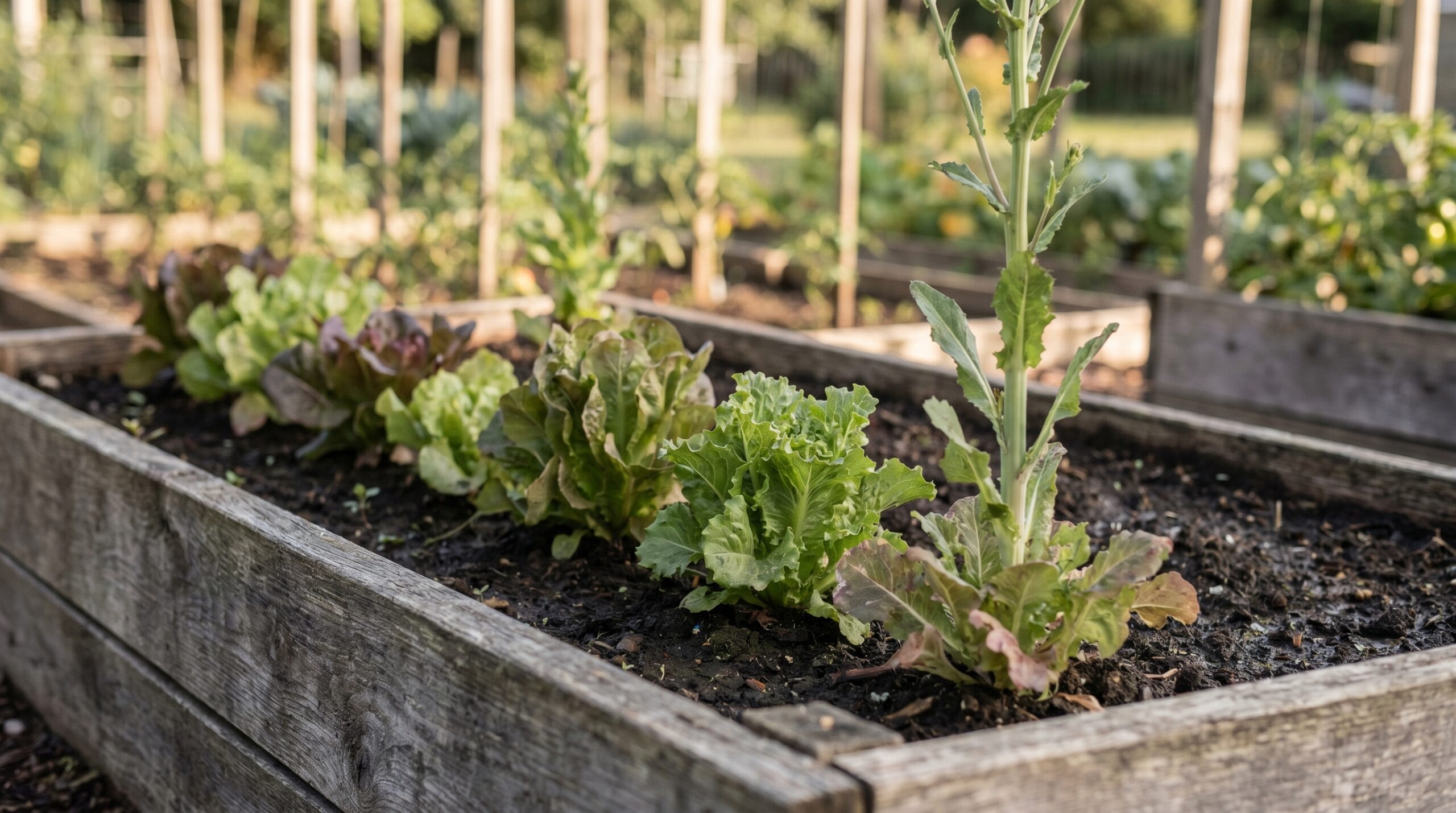 A row of leaf lettuce plants at different regrowth stages, including one beginning to bolt with a tall center stalk