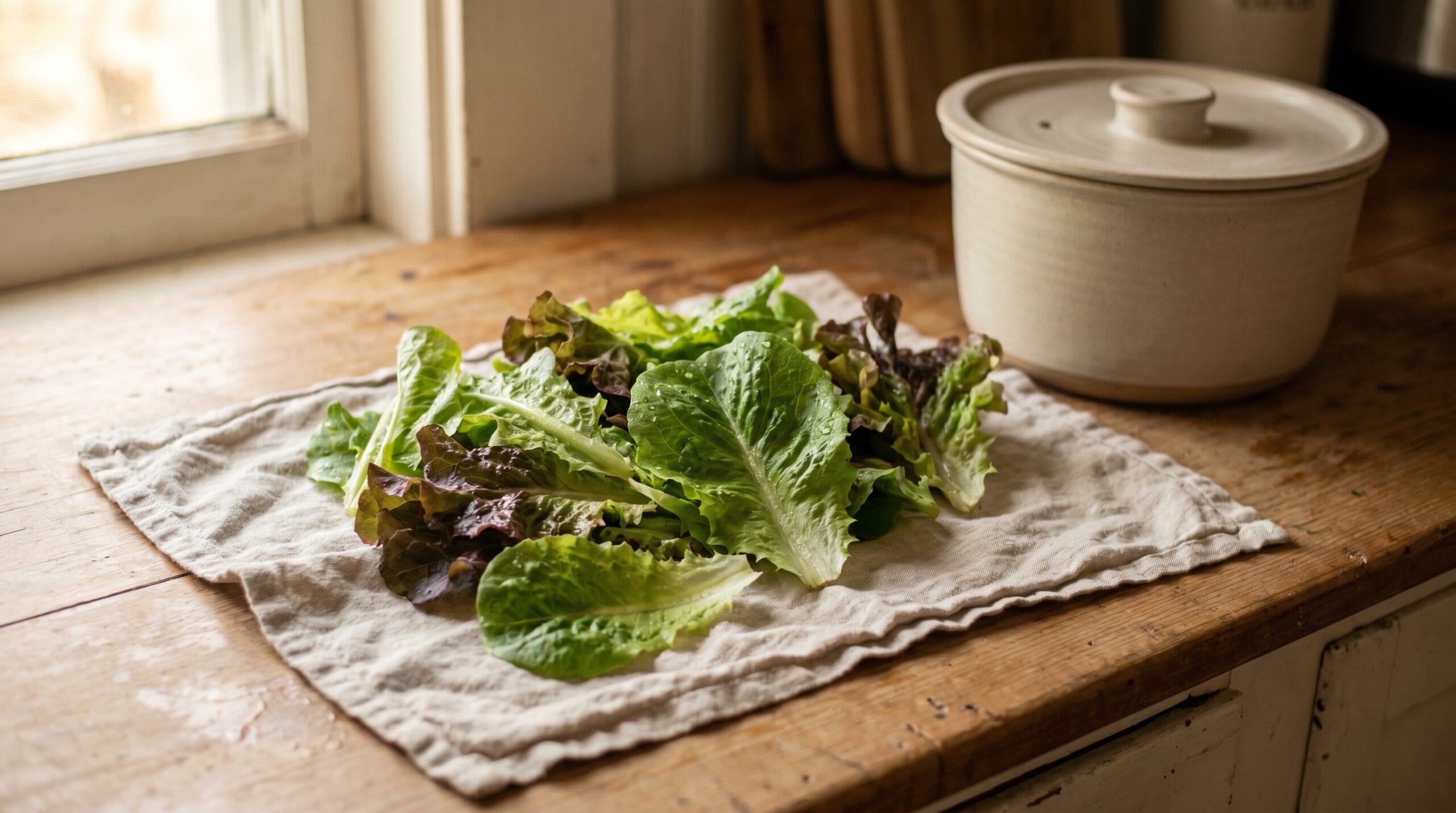 Freshly rinsed leaf lettuce leaves spread on a linen kitchen towel to dry beside a salad spinner on a wood counter