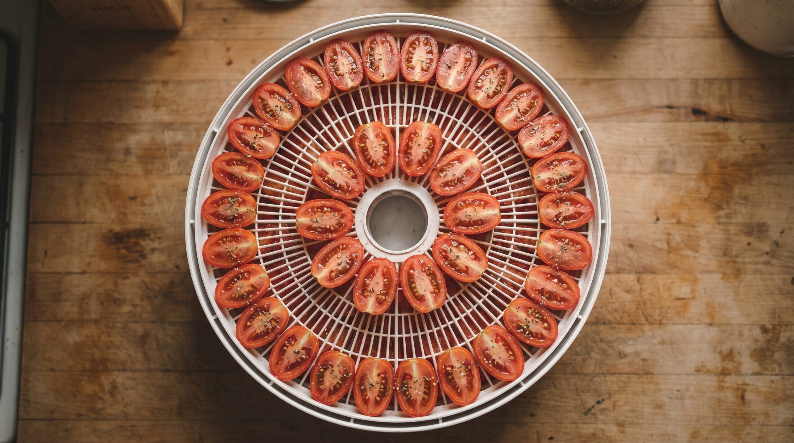 Roma tomato halves arranged cut-side up in even rows on a round plastic dehydrator tray ready for drying
