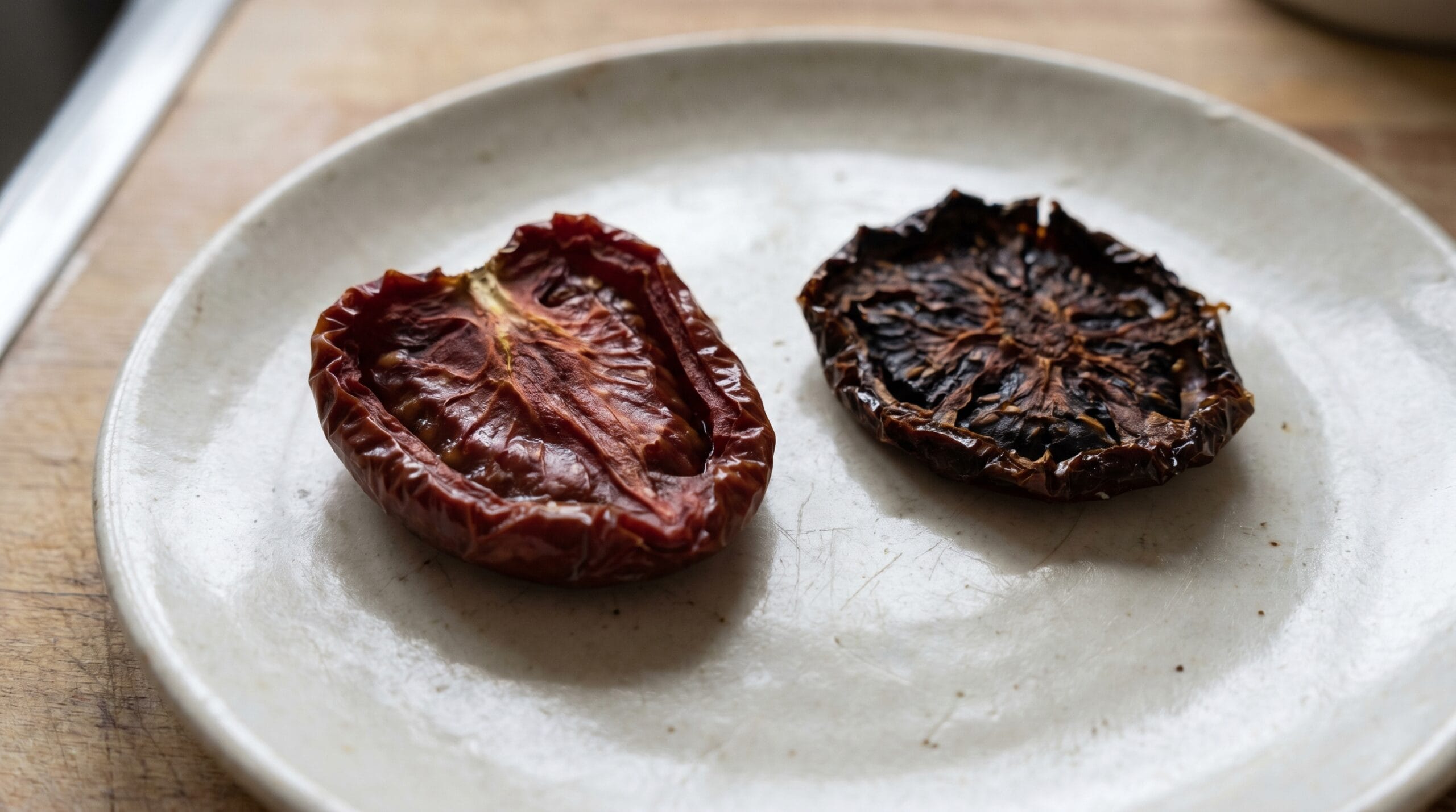 Two sun-dried tomato halves side by side showing the contrast between a pliable leathery one and an overdried brittle one