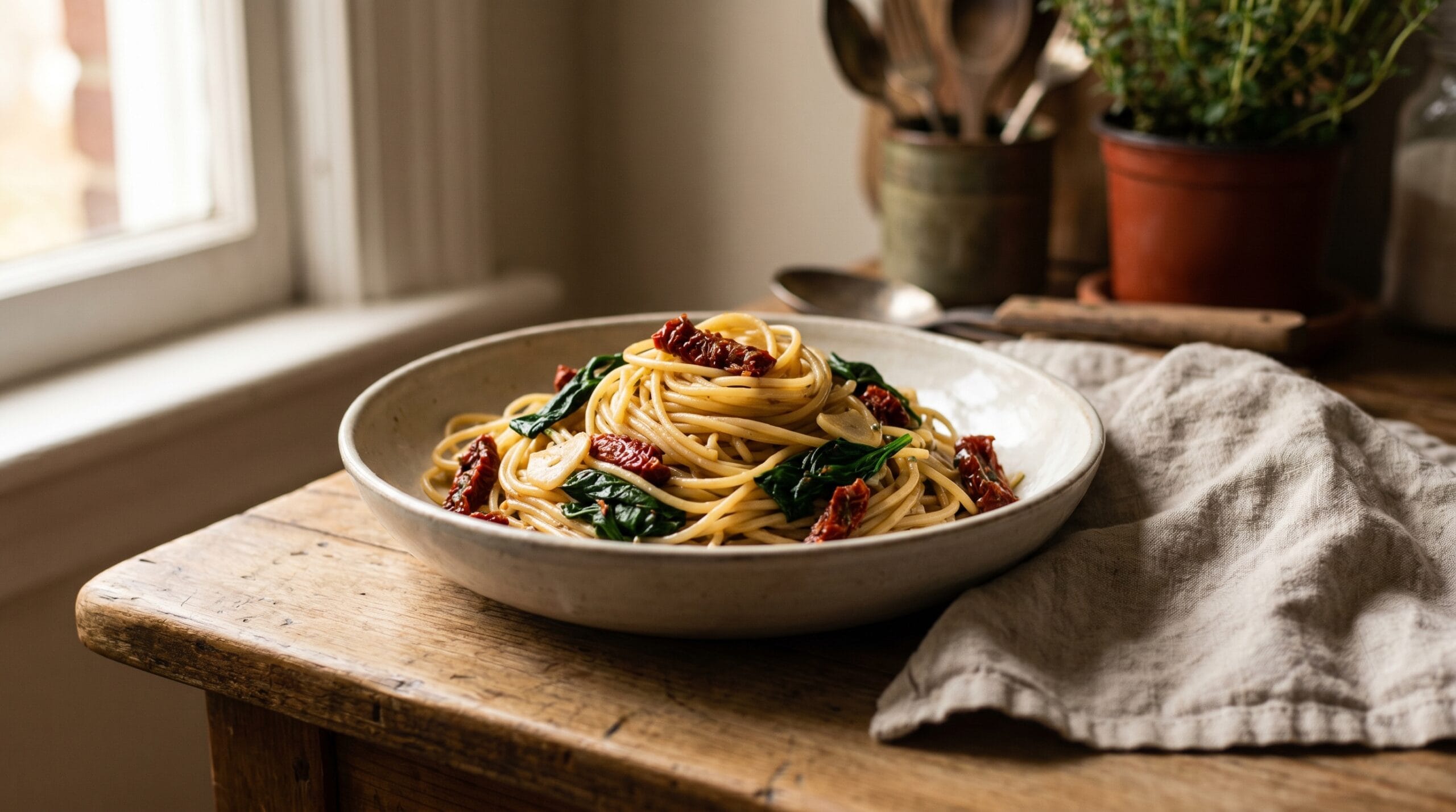 A shallow bowl of pasta with sun-dried tomatoes, wilted spinach, and garlic in olive oil on a wooden table
