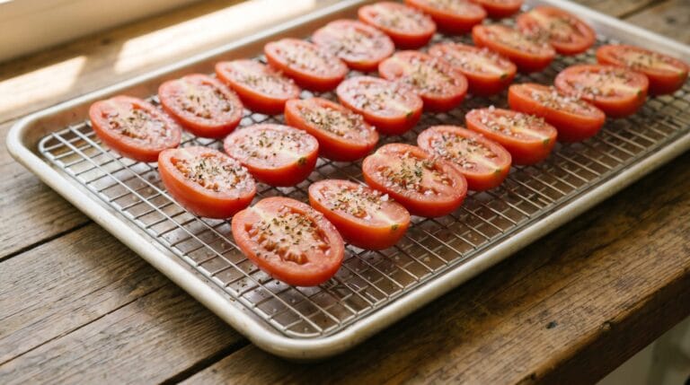 Halved Roma tomatoes arranged cut-side up on a wire rack over a baking sheet, seasoned with salt and herbs