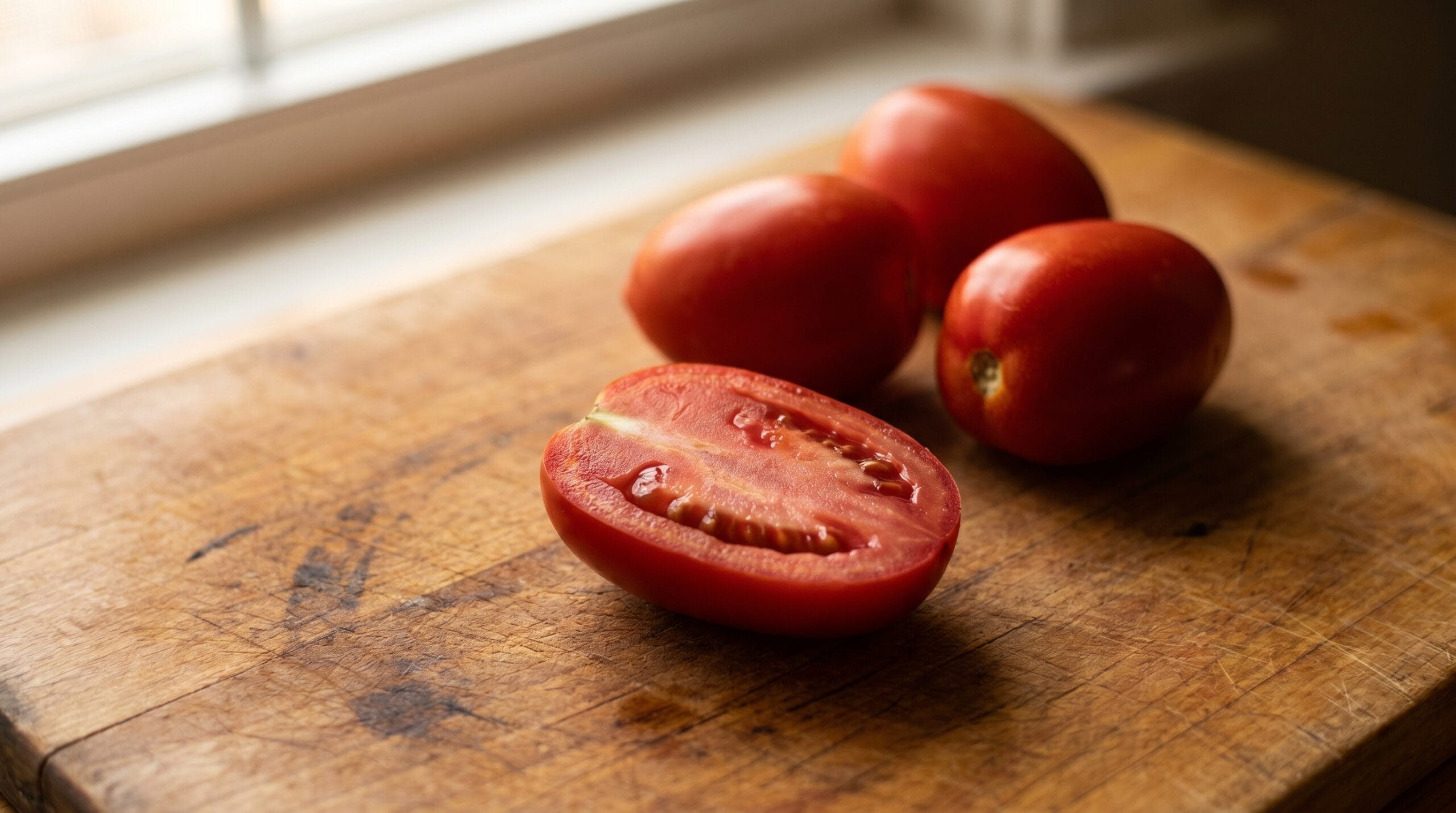 Whole and halved Roma tomatoes on a wooden cutting board showing thick meaty walls and small seed cavity