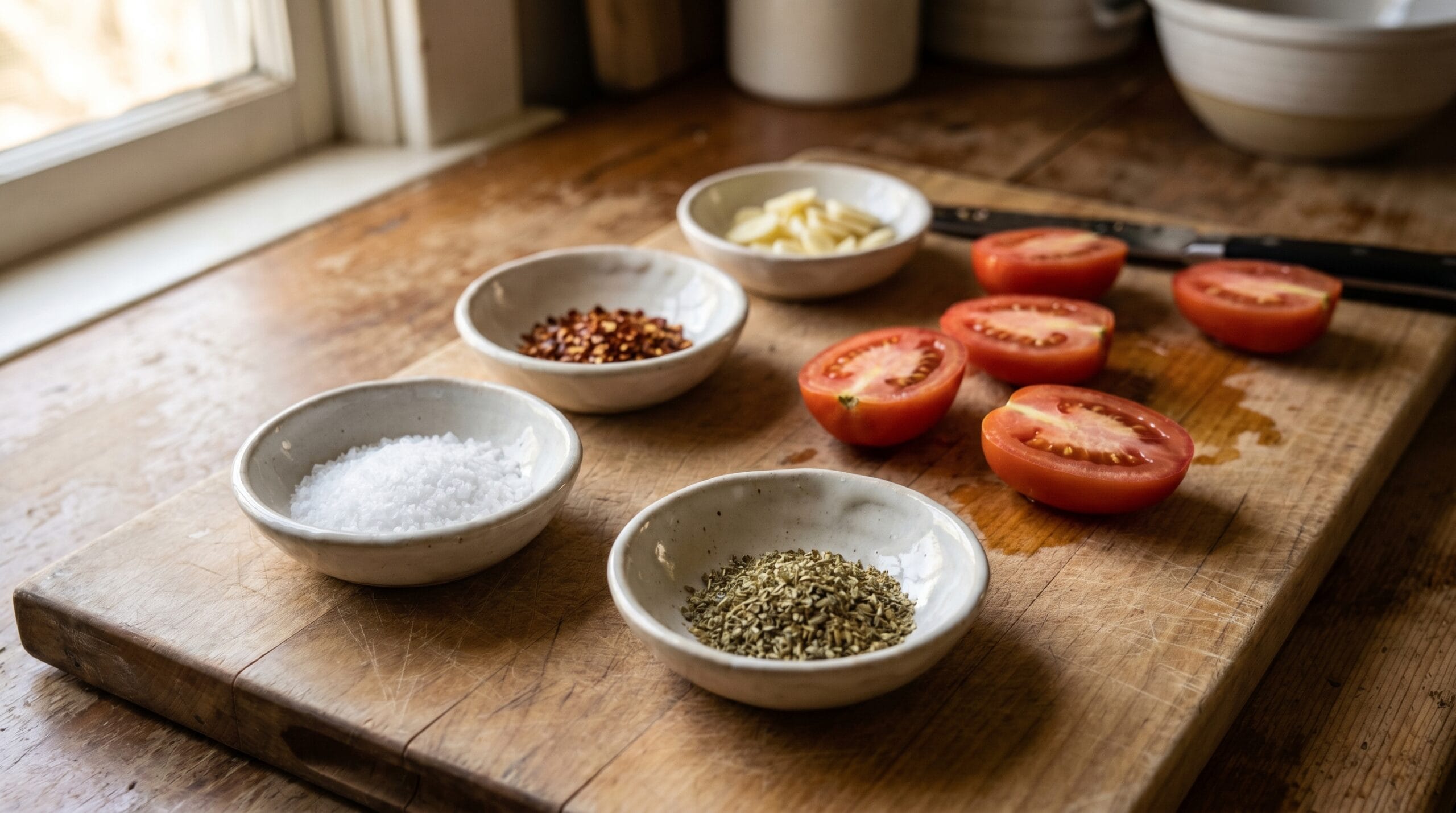 Small ceramic bowls of kosher salt, oregano, red pepper flakes, and garlic arranged around halved tomatoes on a cutting board