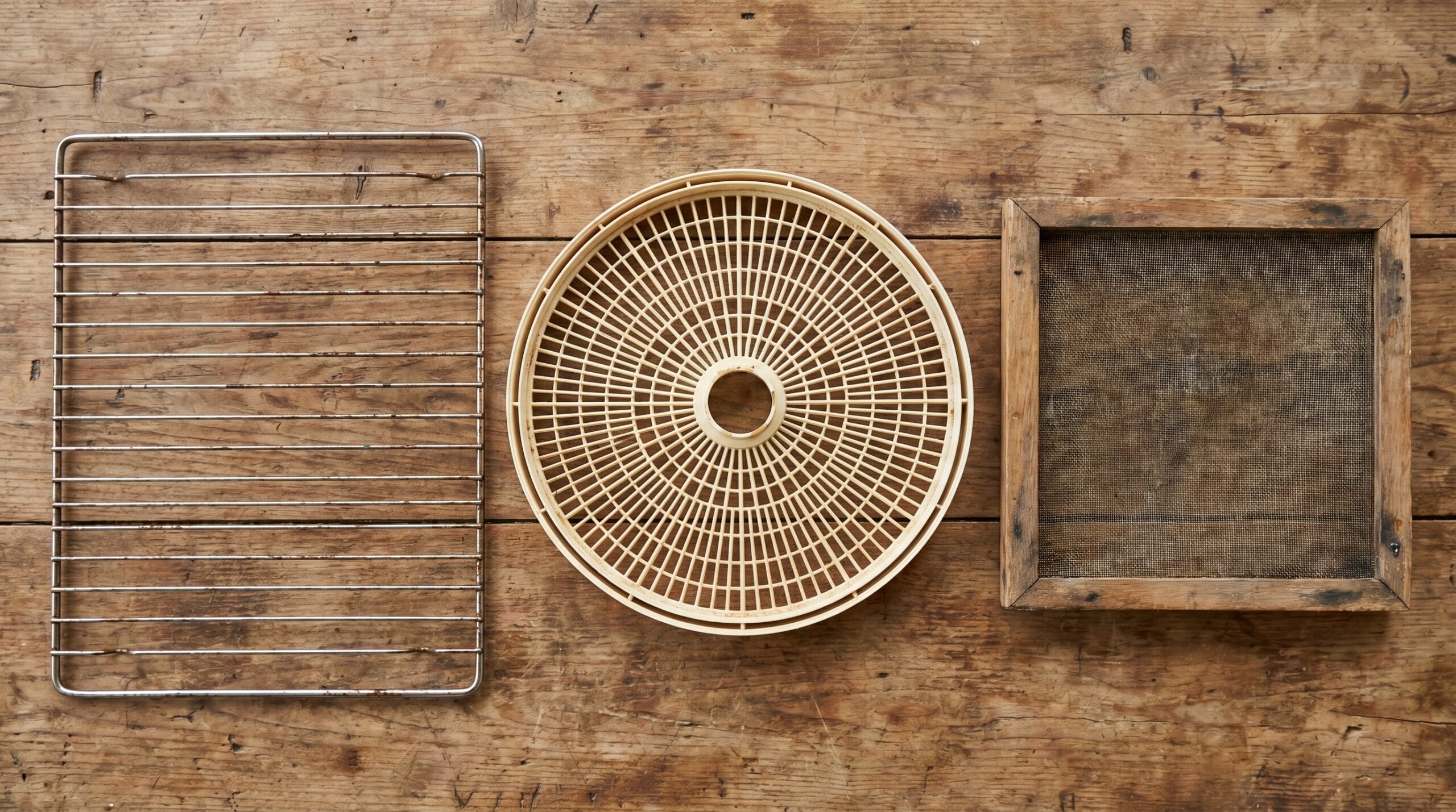 Flat lay showing an oven rack, a round dehydrator tray, and a mesh outdoor drying frame representing three drying methods