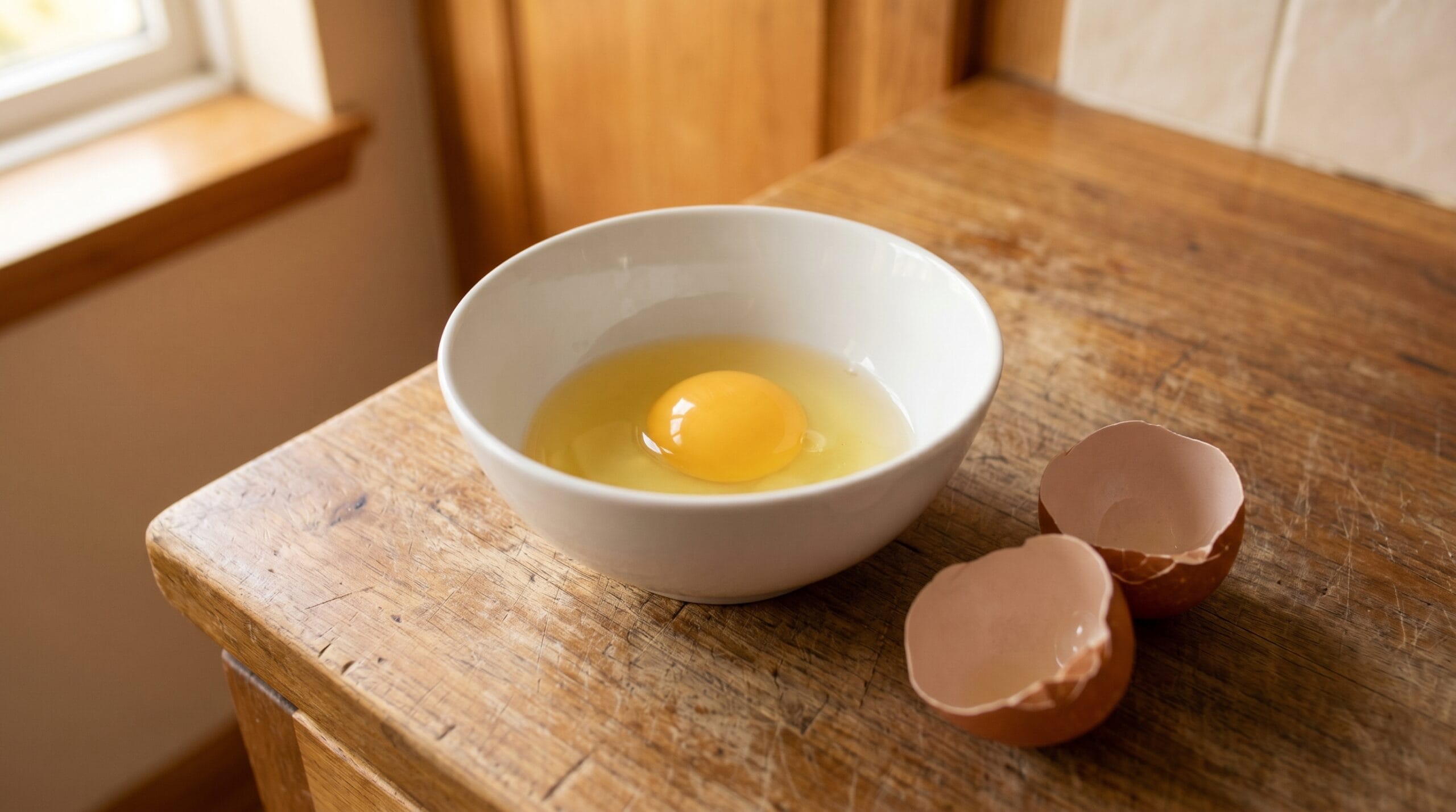 A freshly cracked egg in a small white ceramic bowl on a wooden kitchen counter in natural light