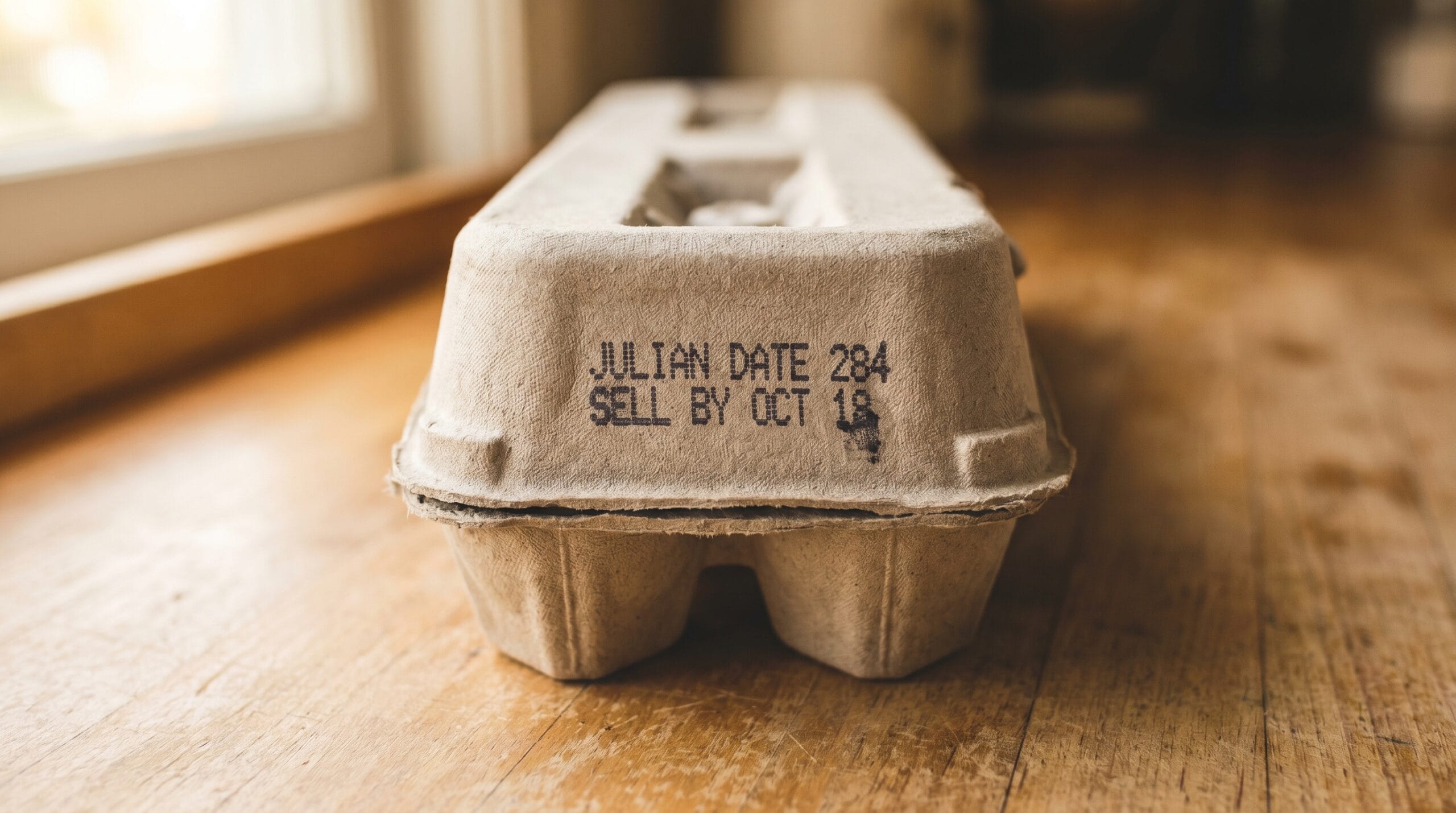Side panel of a cardboard egg carton showing stamped date codes on a wooden kitchen surface