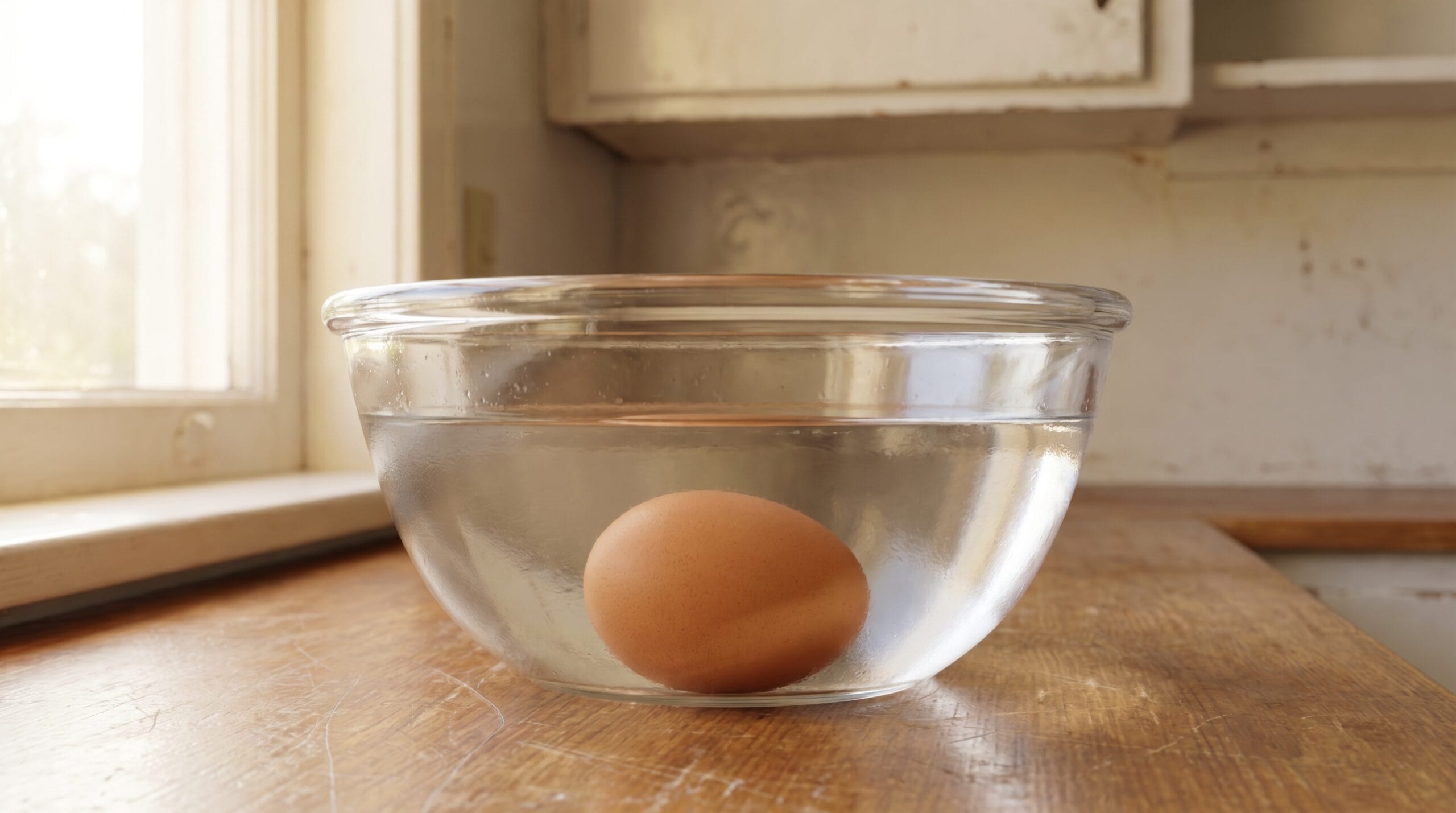 A single brown egg lying flat on the bottom of a glass bowl filled with clear cold water