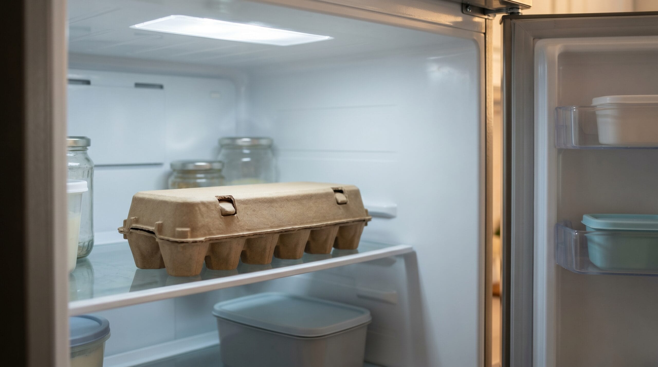 A cardboard egg carton with eggs stored small-end down on a refrigerator shelf in a tidy home fridge