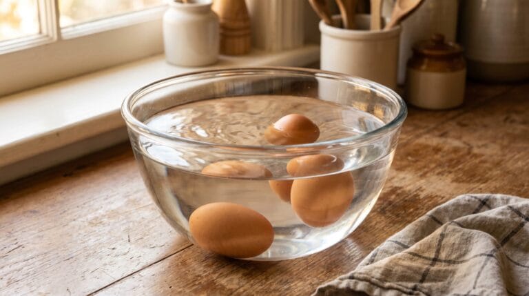 Three eggs in a clear glass bowl of water showing different float test positions on a wood counter