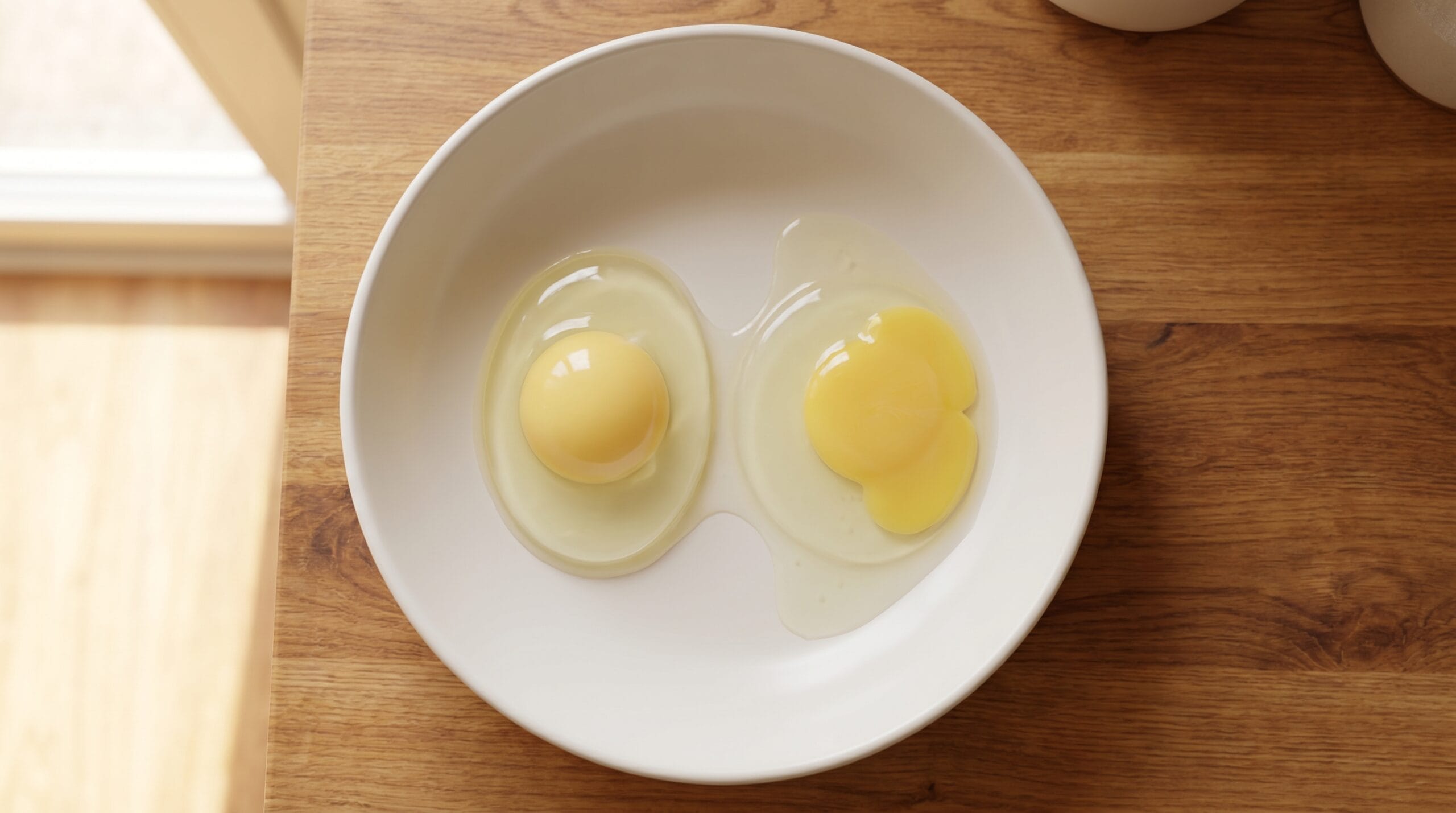 Two cracked eggs in a white ceramic bowl seen from above, one with a tall firm yolk and one flat and watery
