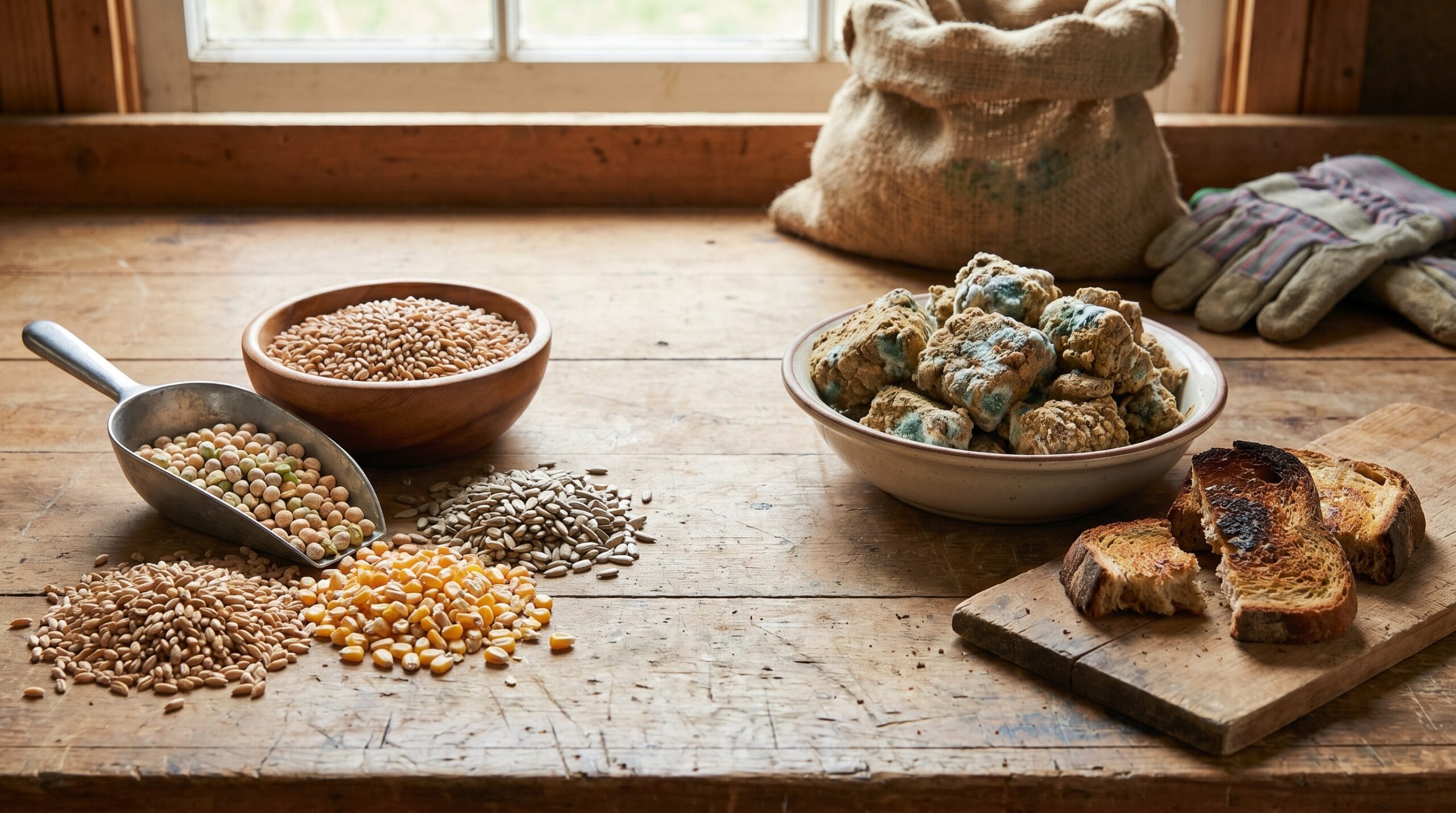 Moldy grain and wet chicken feed set aside from safe dry feed ingredients