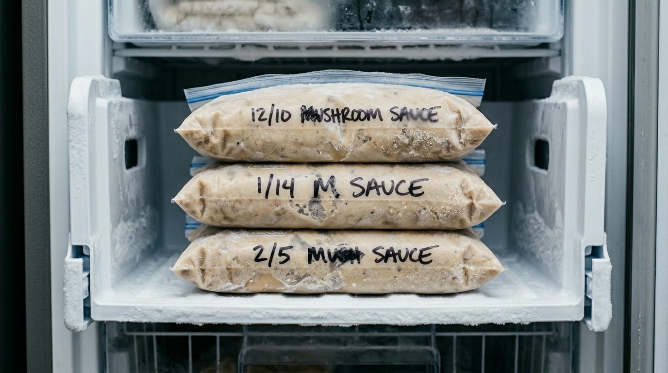 Frozen zip-lock bags of homemade cream of mushroom substitute stacked in an open freezer drawer