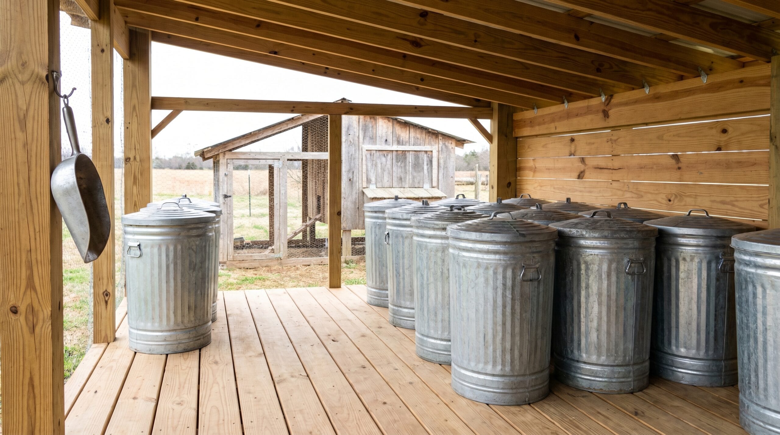 Sealed metal chicken feed cans stored under a covered shed roof