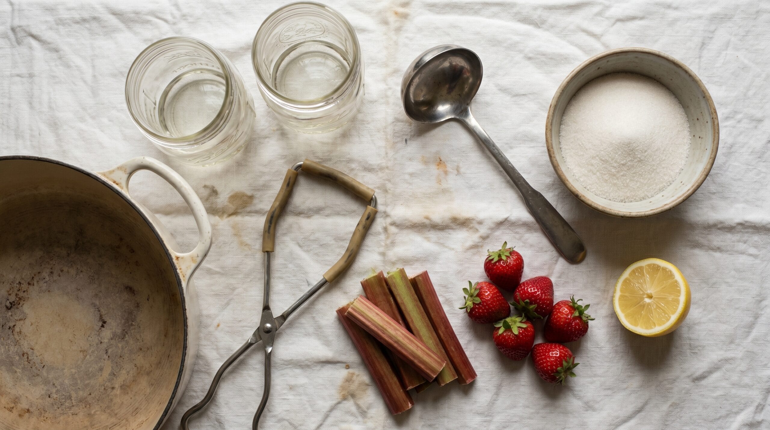 Flat lay of jam-making supplies including mason jars, Dutch oven, ladle, fresh rhubarb, strawberries, sugar, and a lemon