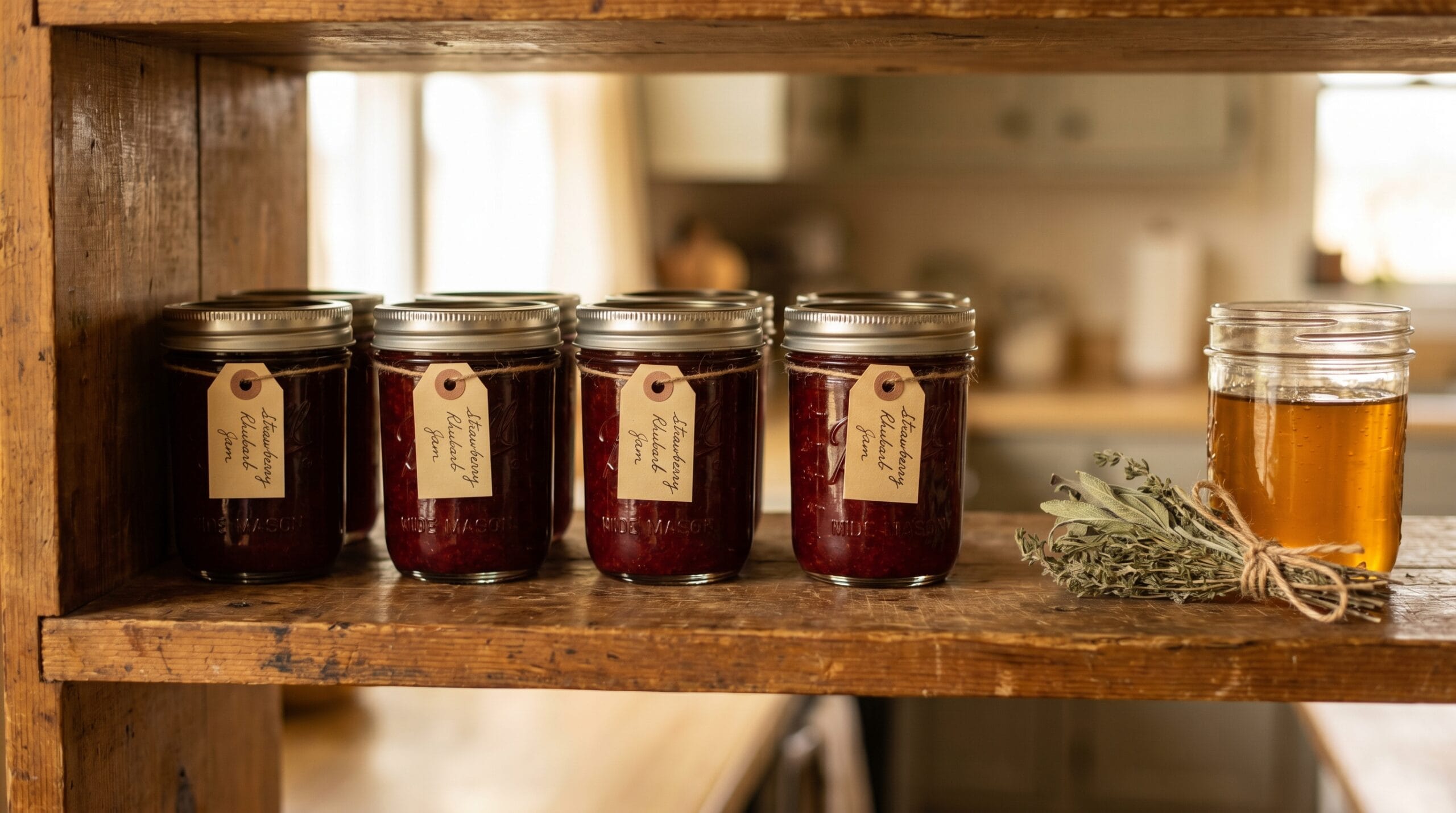 Pantry shelf with four labeled jars of strawberry rhubarb jam lined up beside a jar of honey and a bundle of dried herbs