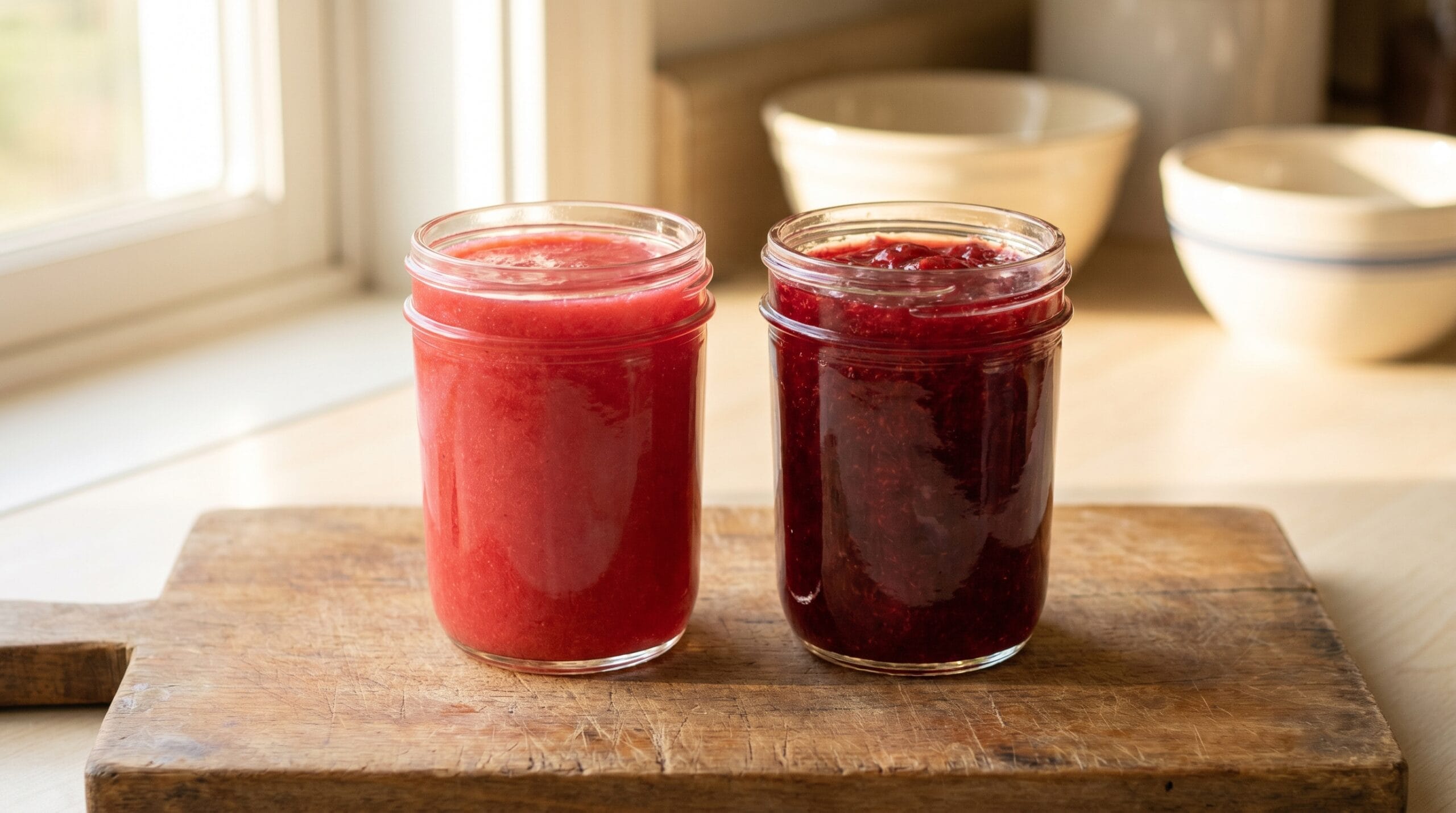 Two small jars of strawberry rhubarb jam side by side on a wood board, one brighter and firmer, one deeper and softer in color