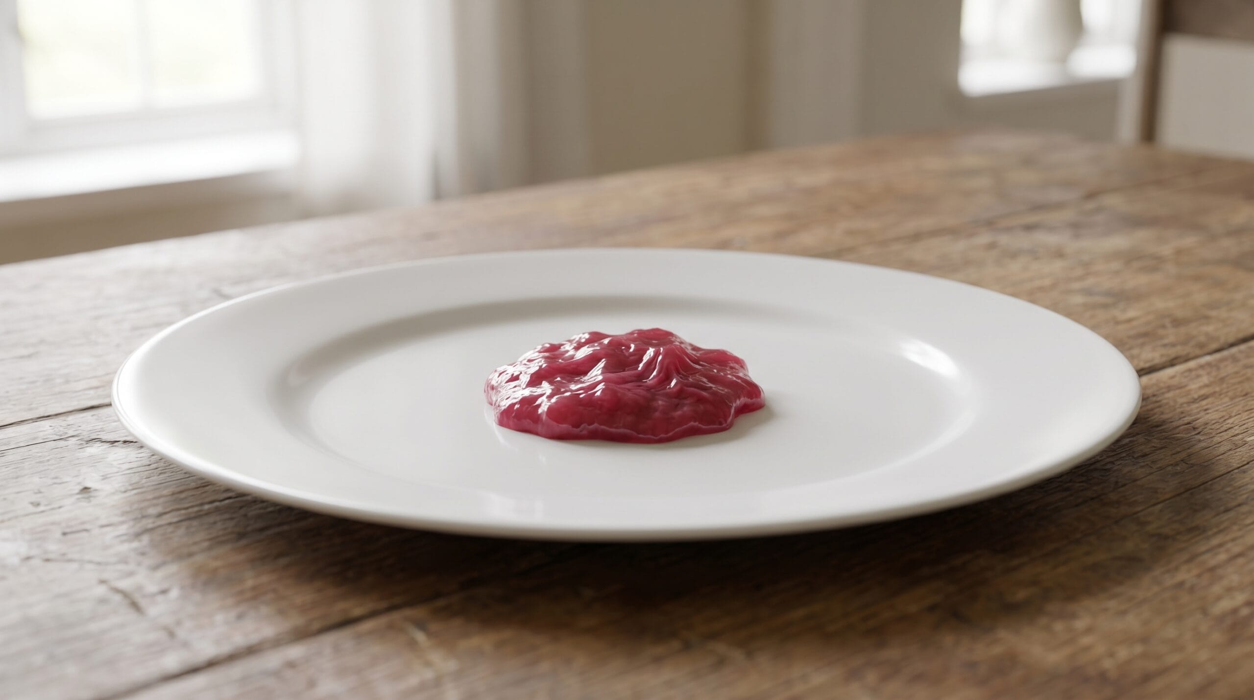 A chilled white ceramic plate with a small dollop of deep pink jam wrinkling as it is nudged, showing a proper set