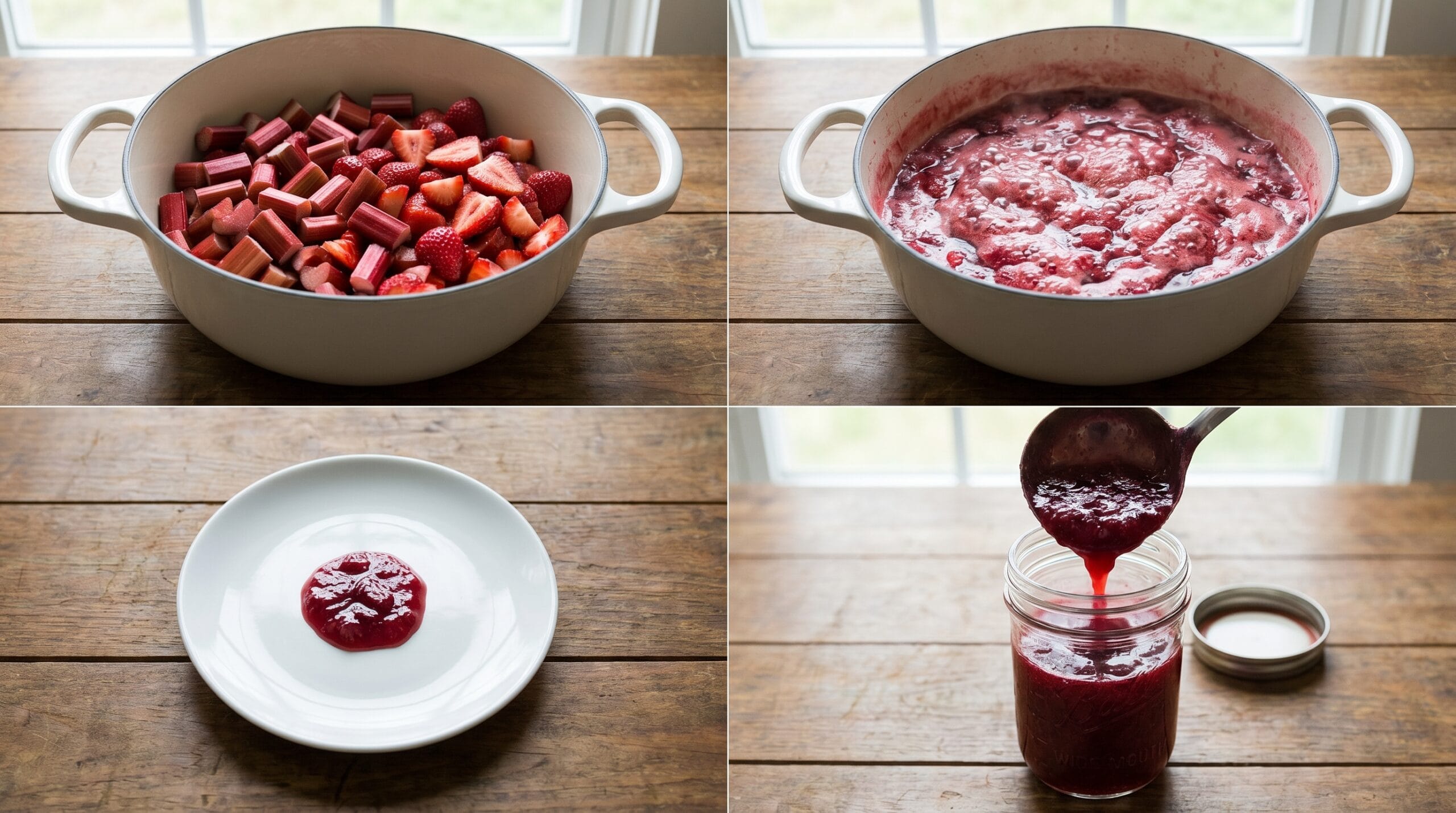 Four-panel overhead sequence showing raw fruit in a pot, boiling jam, the plate set test, and jam being ladled into jars