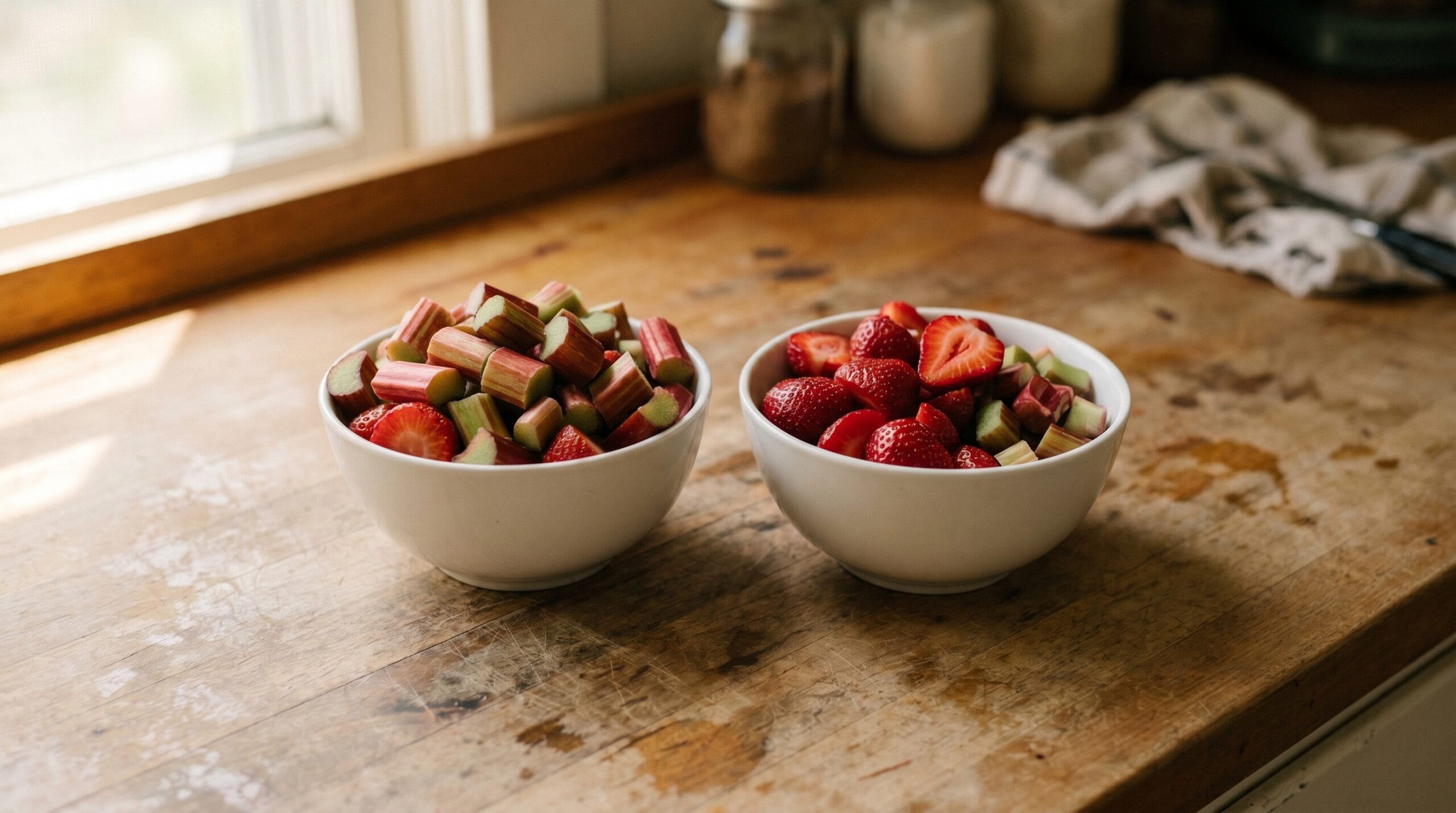 Two small ceramic bowls on a wood surface showing different proportions of chopped rhubarb and strawberries side by side