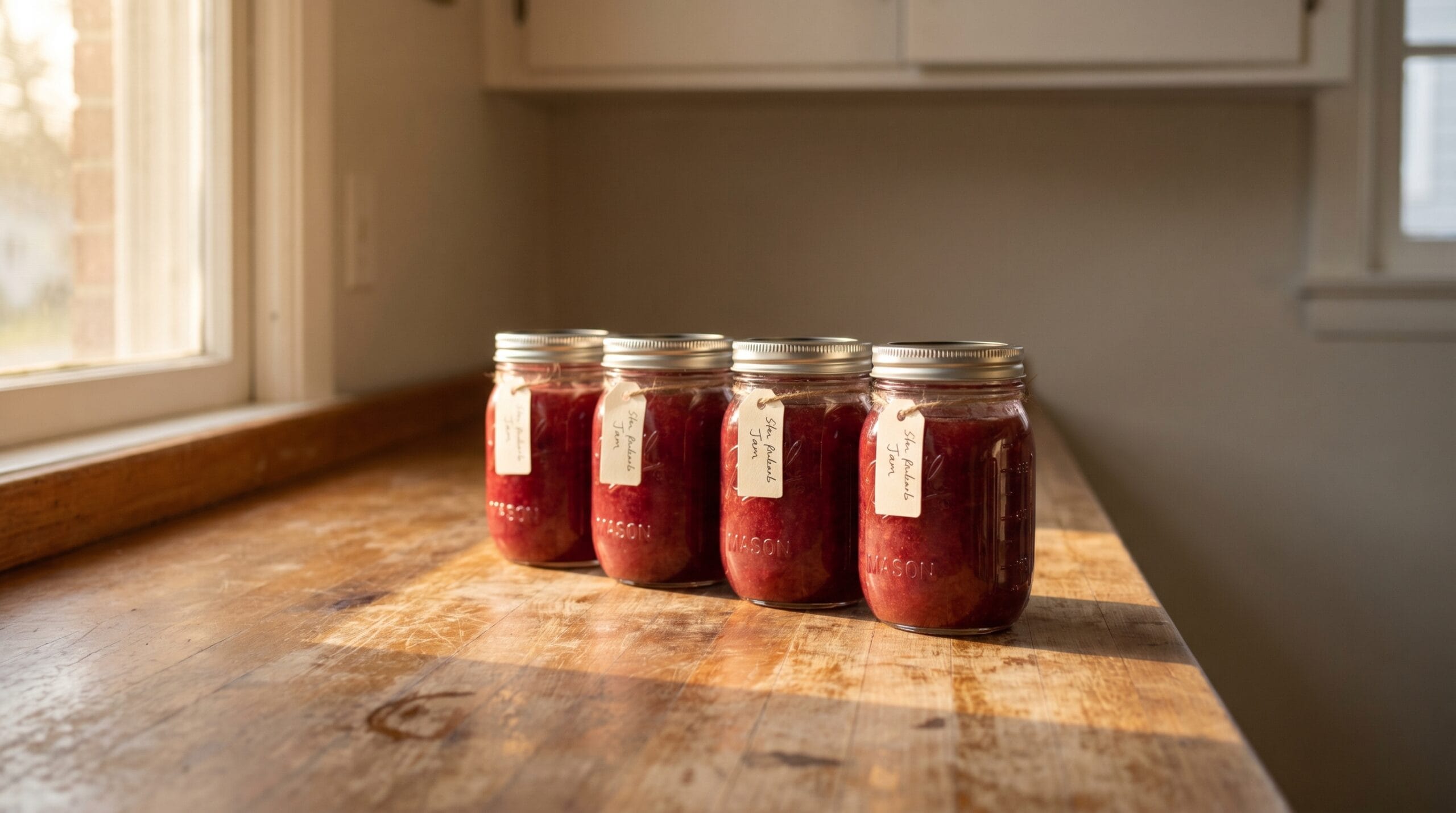 Four sealed half-pint jars of strawberry rhubarb jam on a kitchen counter in warm afternoon light with simple handwritten labels