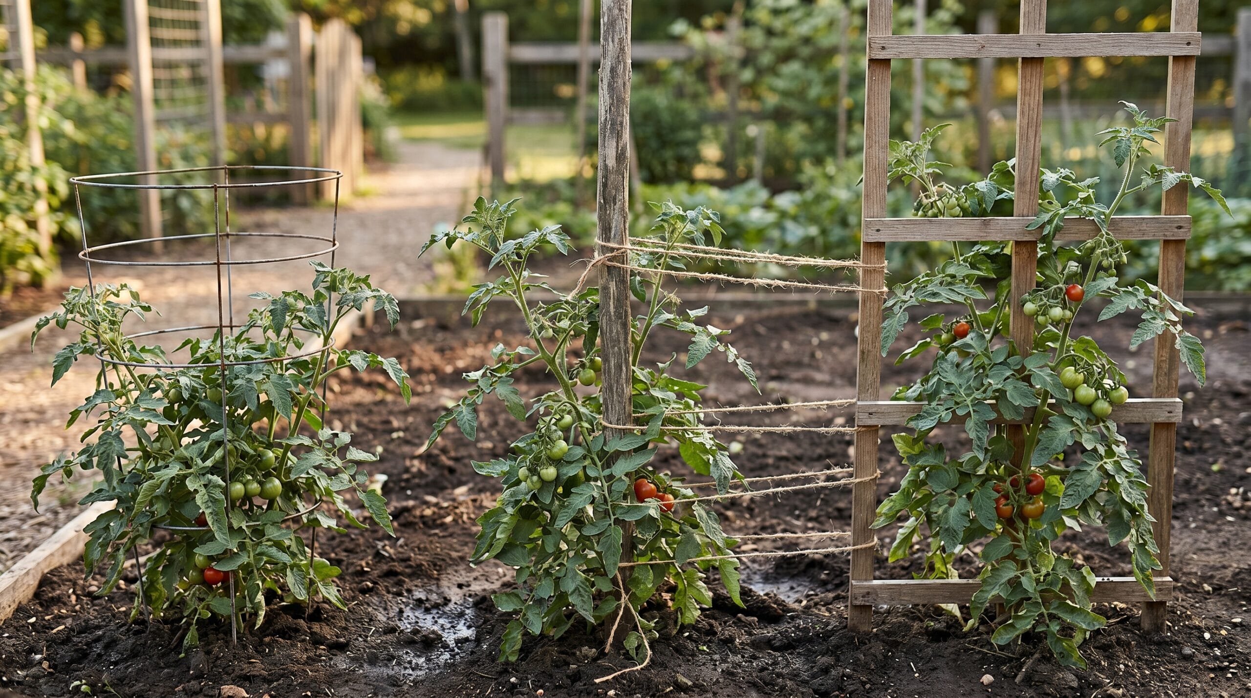 Three tomato plants in a garden each supported by a wire cage, a wooden stake, and a simple trellis panel