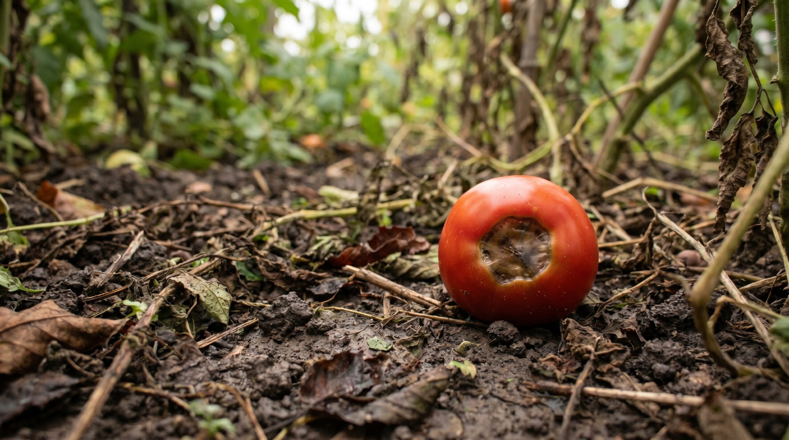 Ripe tomato resting on soil showing early blossom-end rot damage in a realistic garden setting