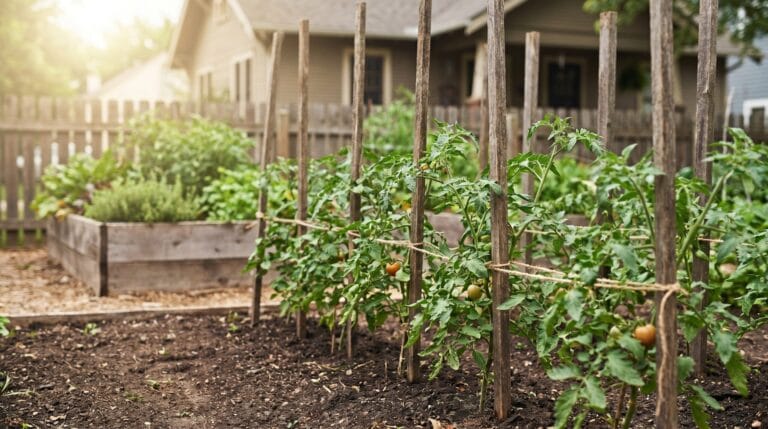 Row of tomato plants supported by wooden stakes and soft twine in a backyard garden at morning light