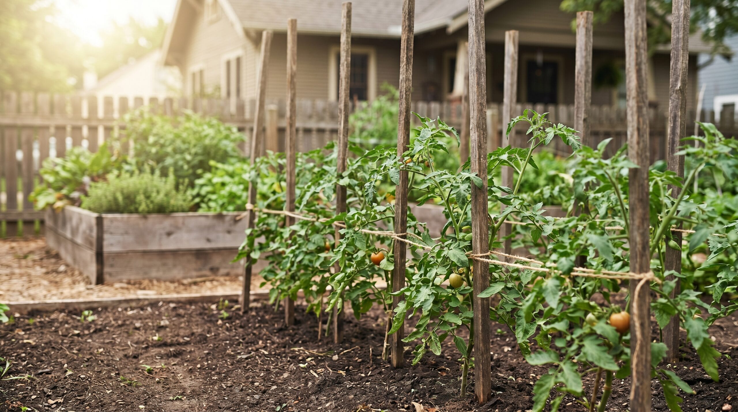 Row of tomato plants supported by wooden stakes and soft twine in a backyard garden at morning light