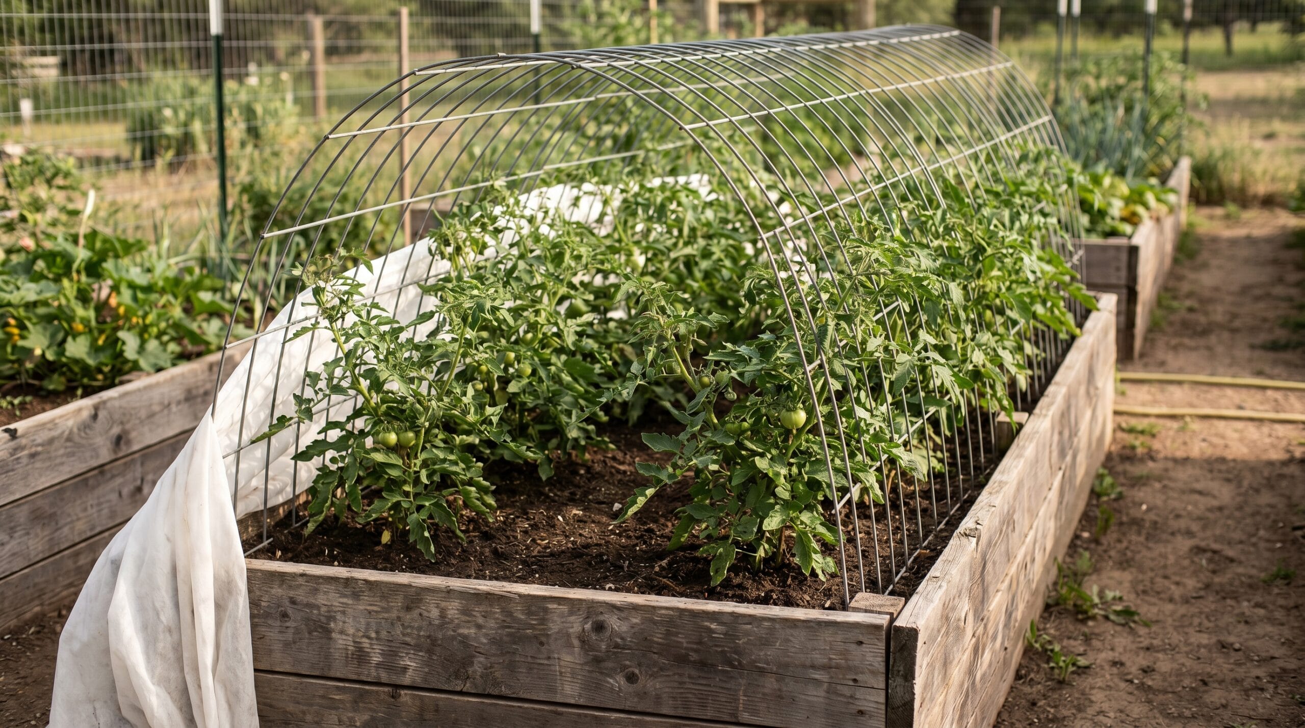 Wooden raised bed with a cattle panel arch supporting tomato plants in an early summer garden