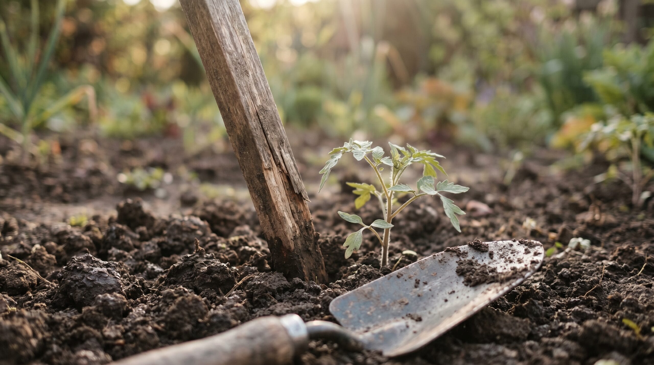 A wooden stake being placed next to a small tomato seedling in dark garden soil with a trowel nearby