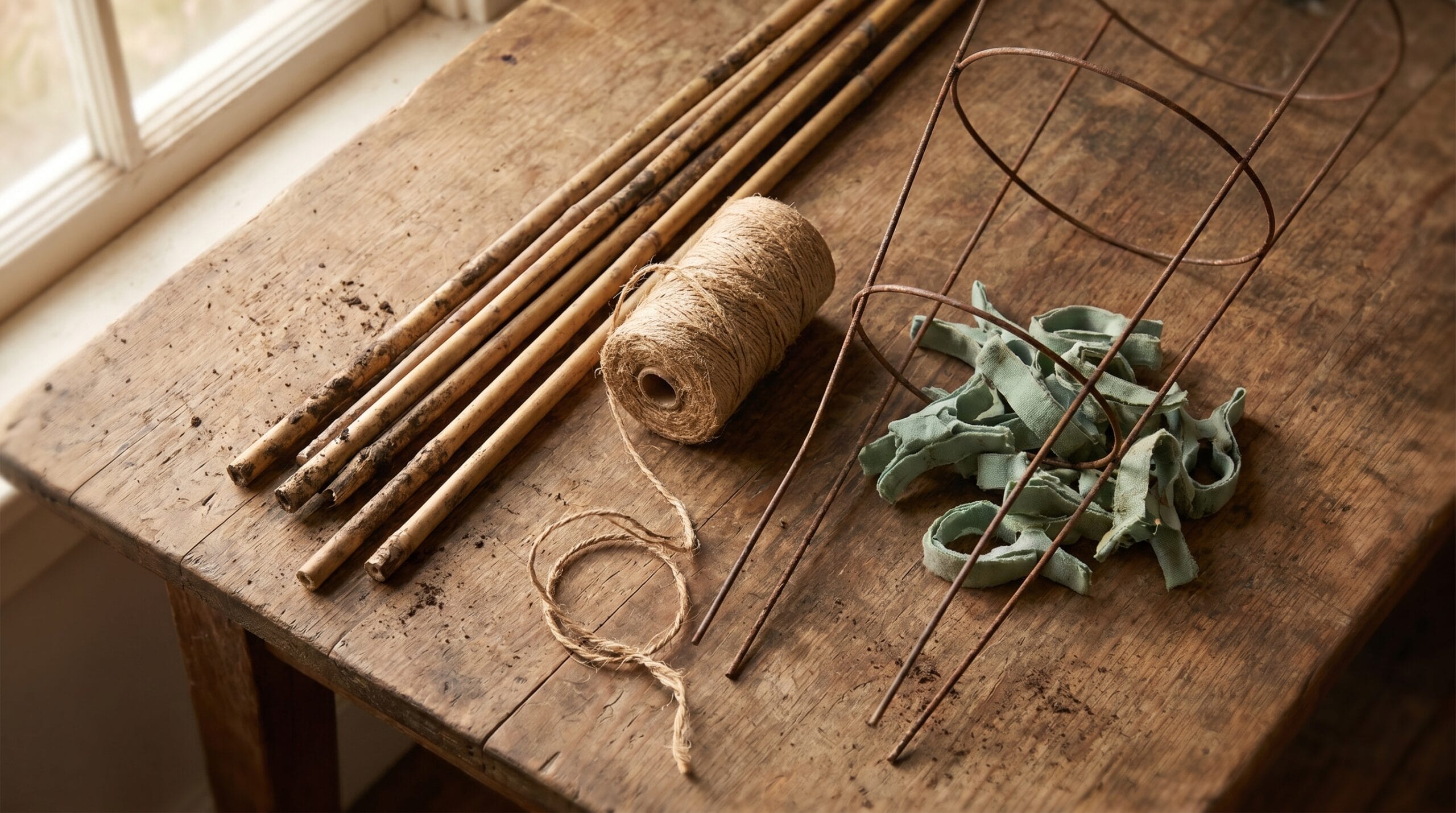 Flat lay of tomato support supplies including bamboo stakes, jute twine, wire cage, and soft plant clips on wood