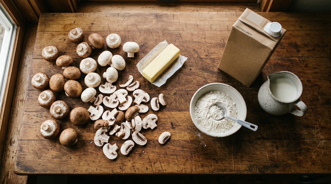verhead view of cream of mushroom substitute ingredients arranged on a kitchen counter