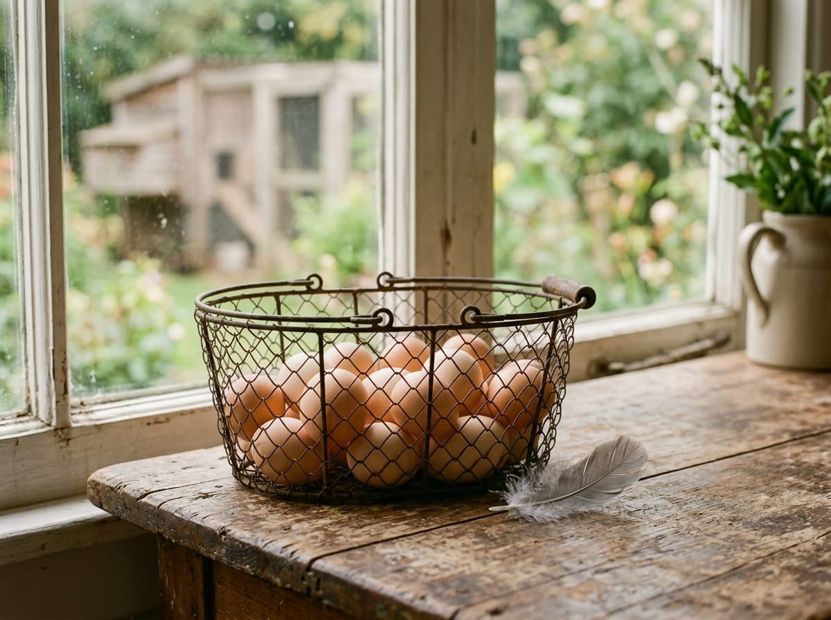 Basket of light brown Lavender Orpington eggs on a wooden surface