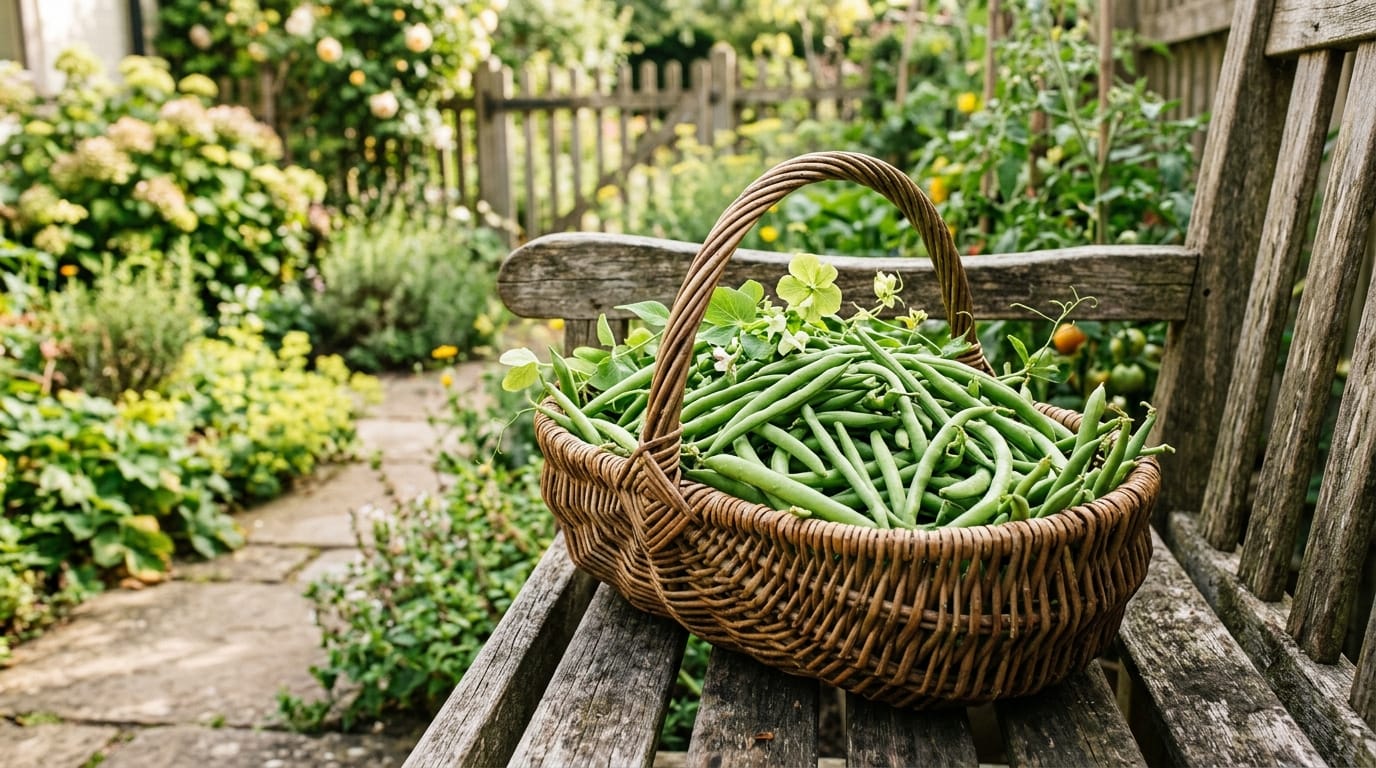 Freshly picked green beans in a garden basket, slender and bright green, ready to be sorted for freezing