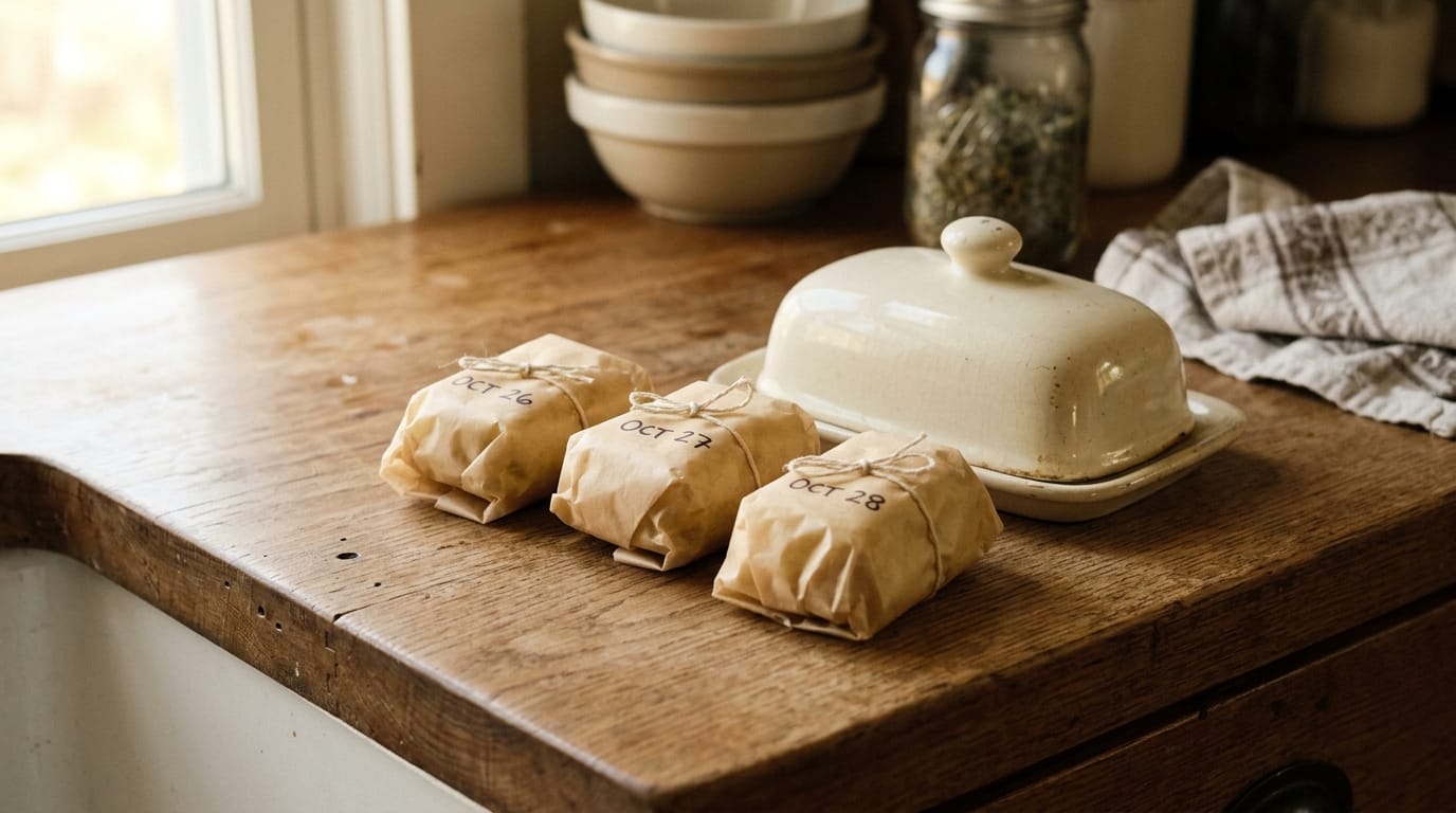 Small dated parchment-wrapped portions of homemade butter beside a covered butter dish