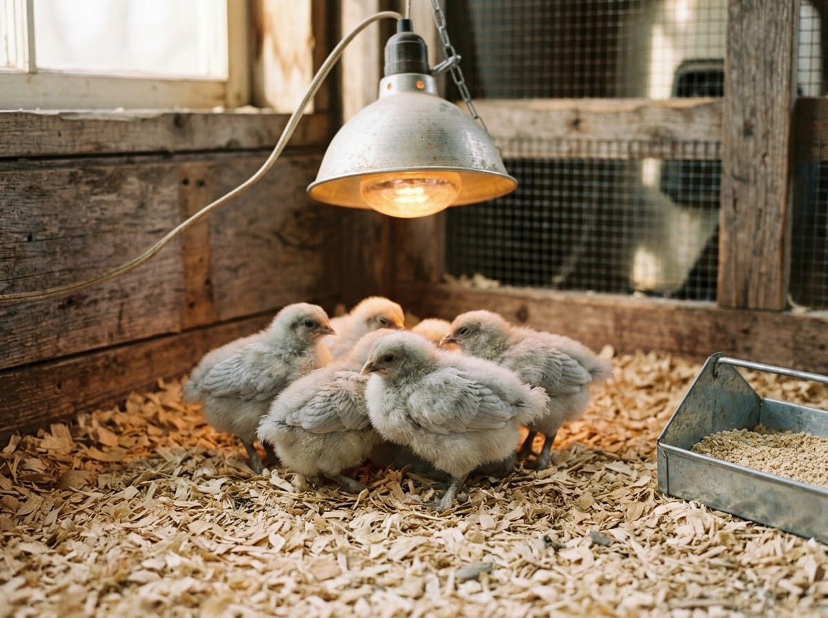 Soft gray lavender Orpington chicks under a brooder lamp