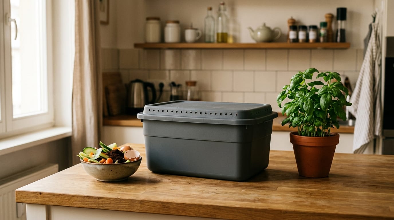 A shallow indoor worm composting bin on a kitchen counter