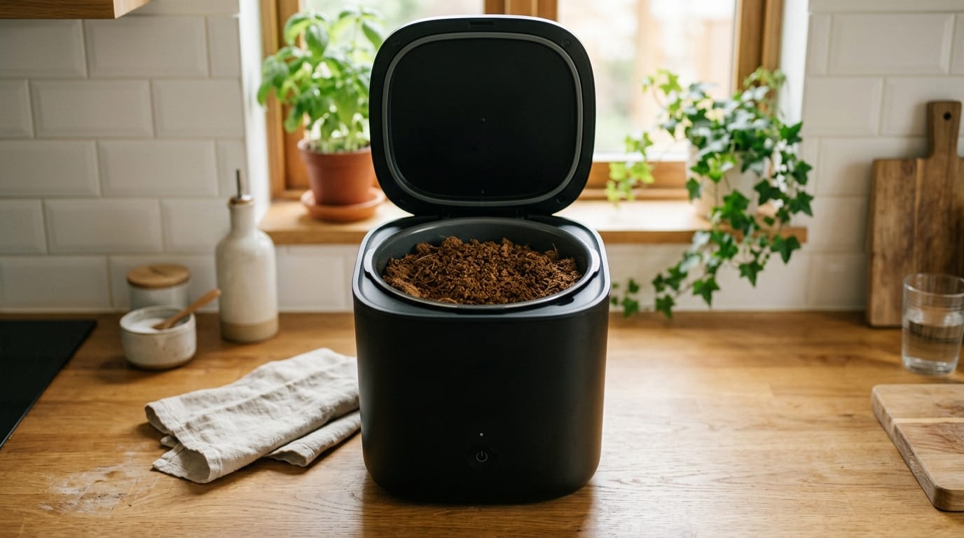 A countertop electric composter with dried food scrap crumble