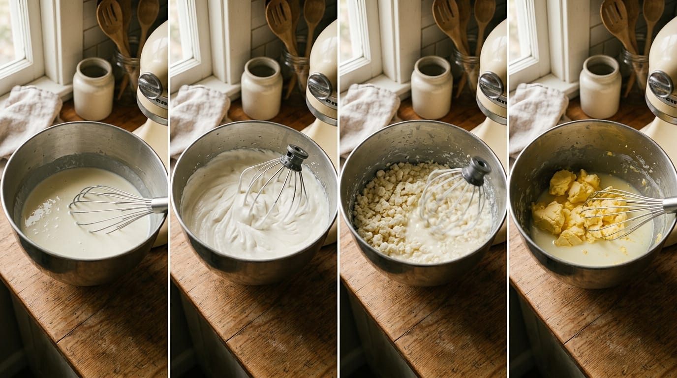 Four stages from liquid cream to whipped cream to grainy broken cream to yellow butter clumps in a mixer bowl, how to make milk butter