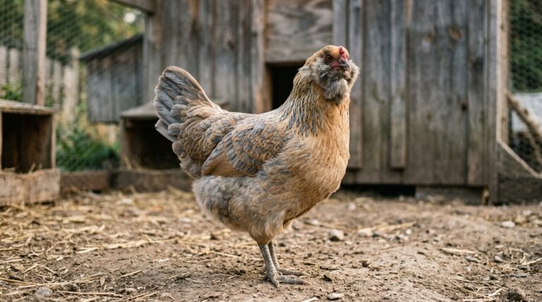 Easter Egger hen with feathered muffs and beard in a backyard run